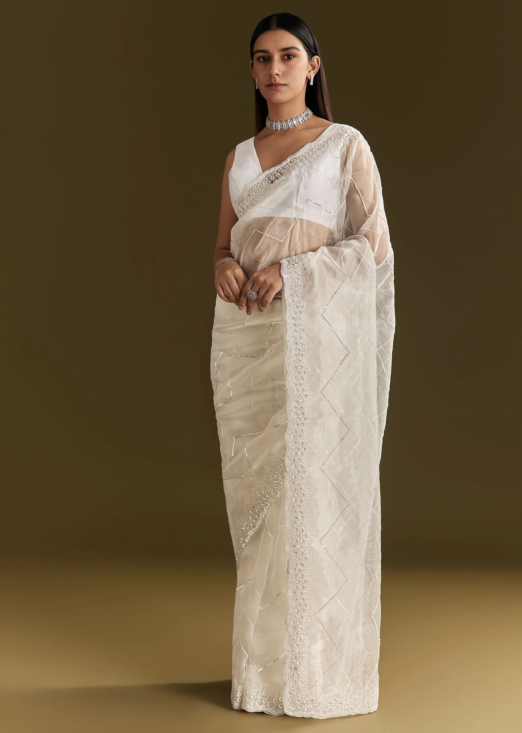 White Glass Tissue Saree With Sequins Embroidery And Scallop Border - Image 2
