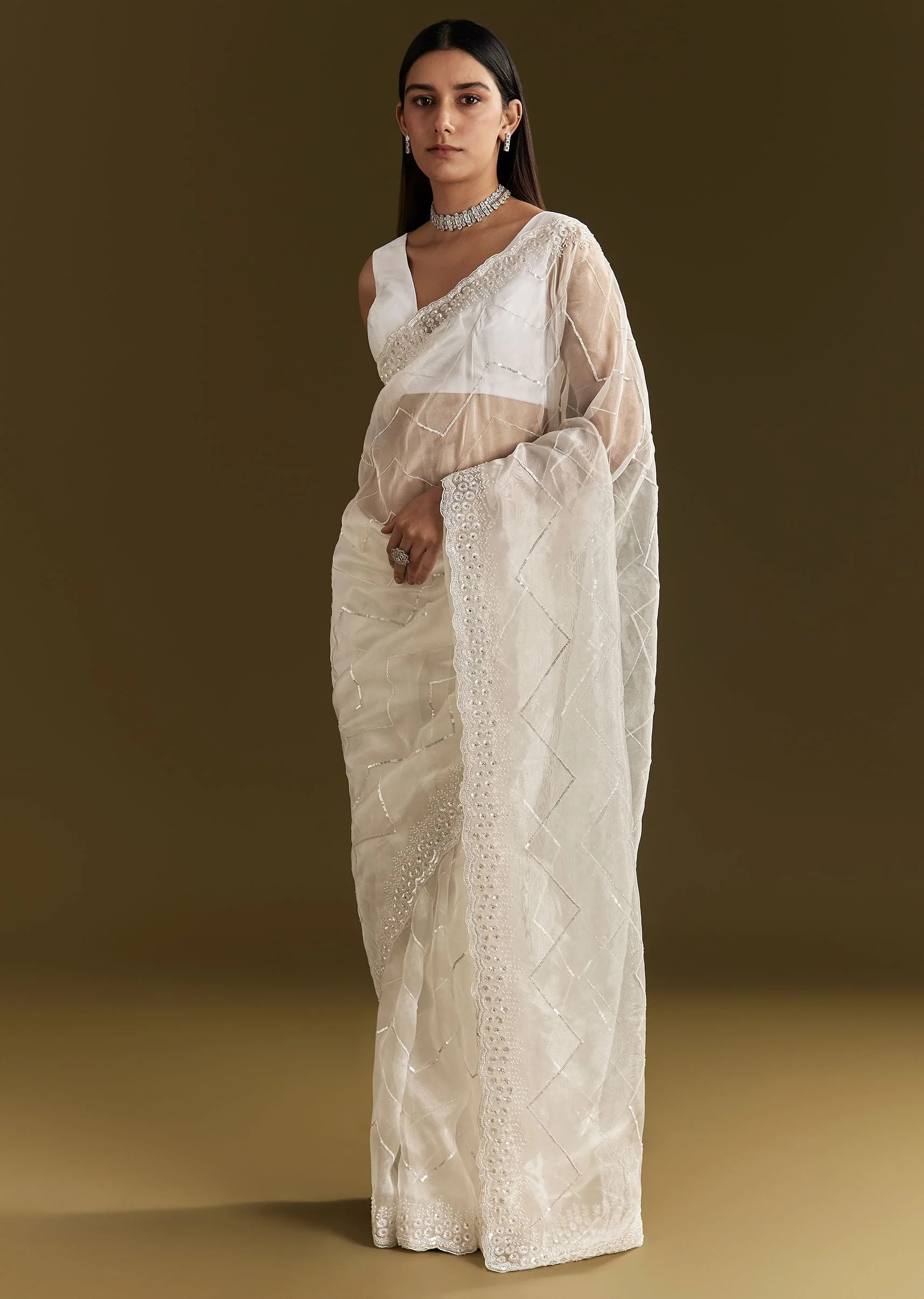 White Glass Tissue Saree With Sequins Embroidery And Scallop Border - Image 5