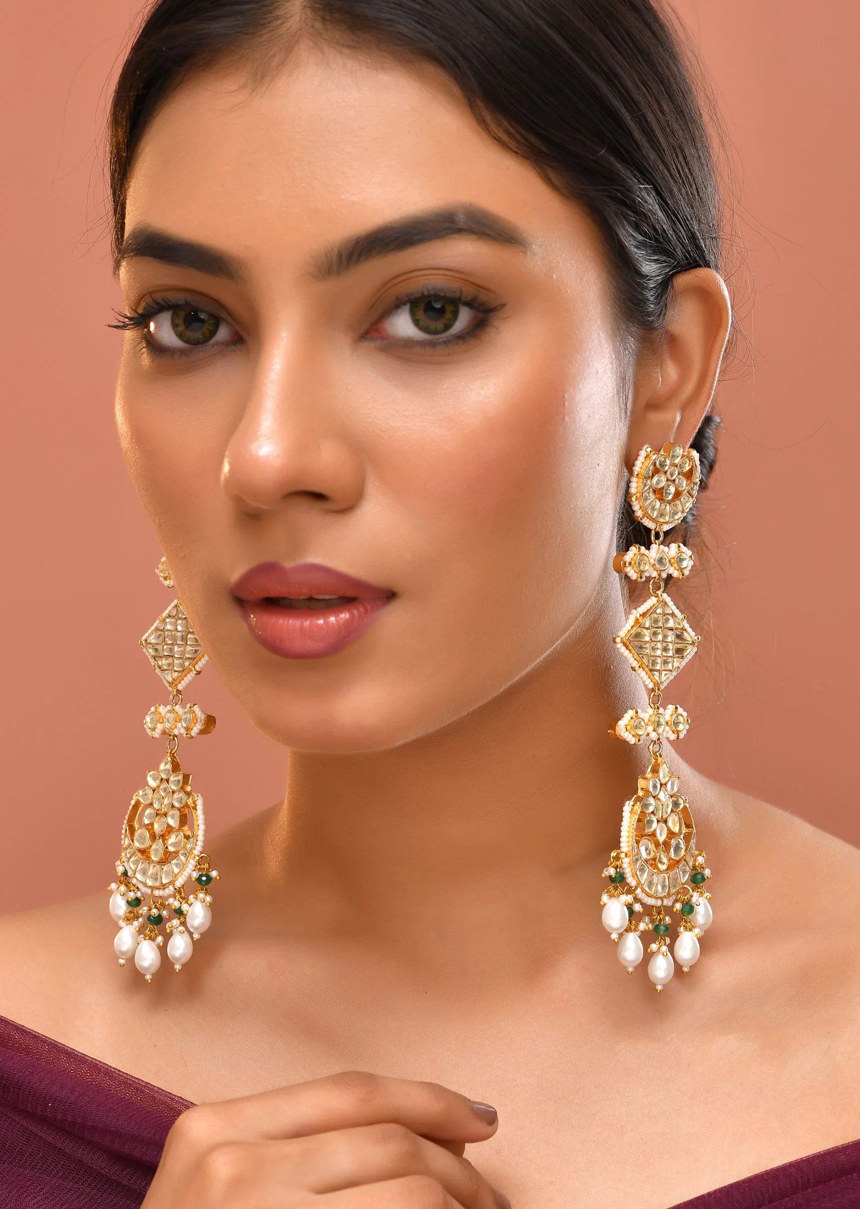 White Gold Earrings With Pachi Kundan