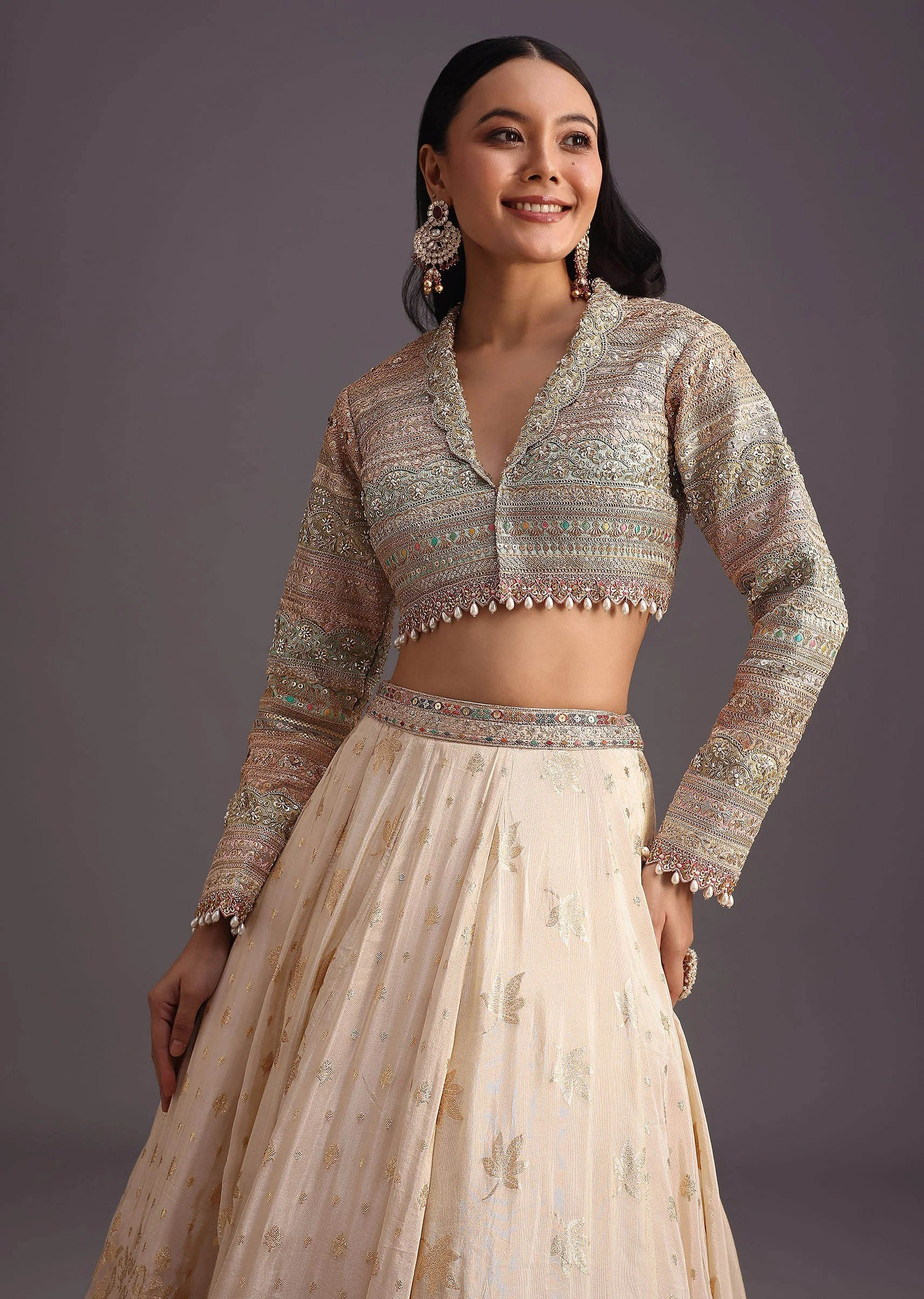 White Gotta Work Choli With Banarasi Weave Lehenga - Image 2