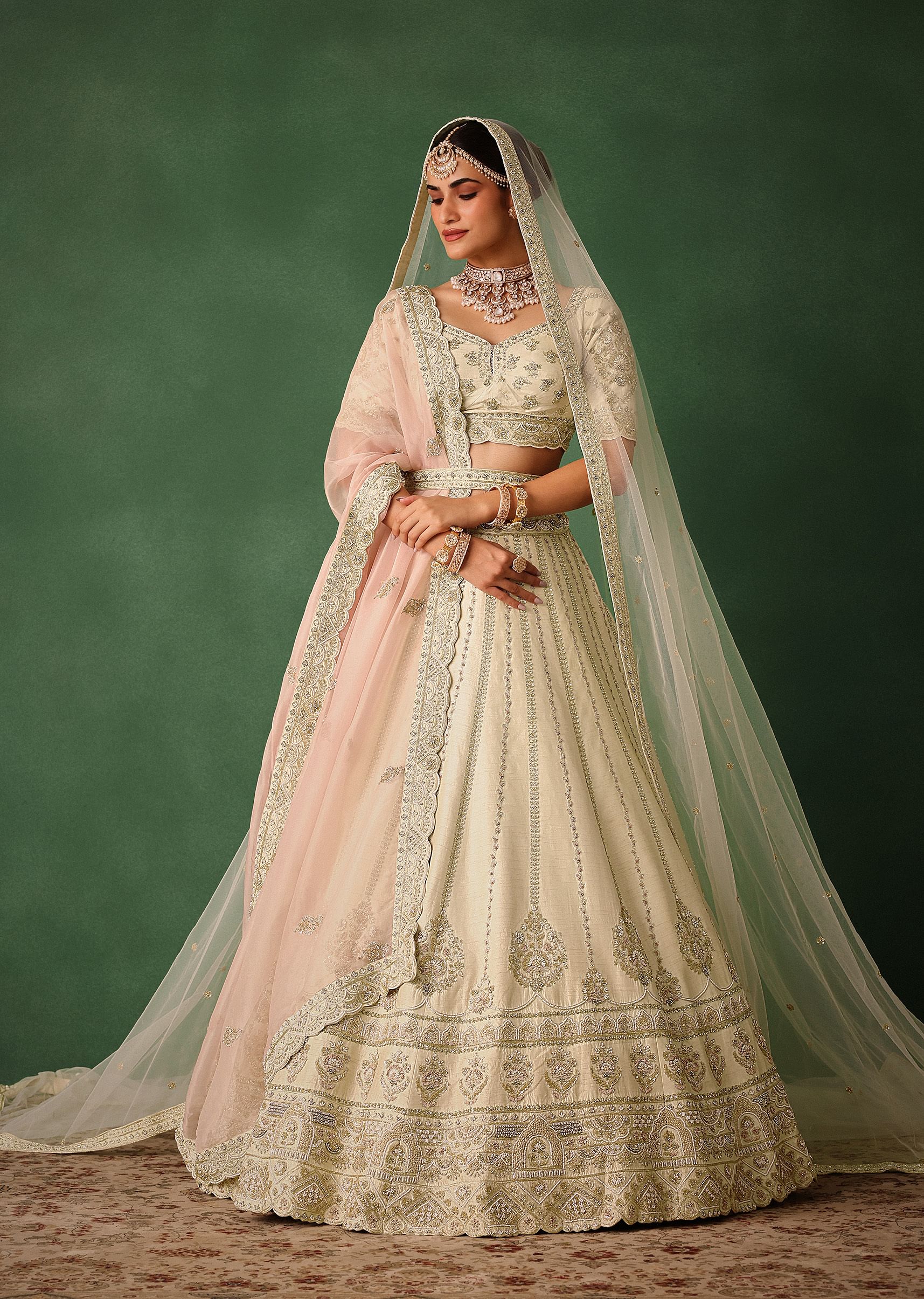 White Hand Embroidered Lehenga Set In Raw Silk With Dupatta - Image 2