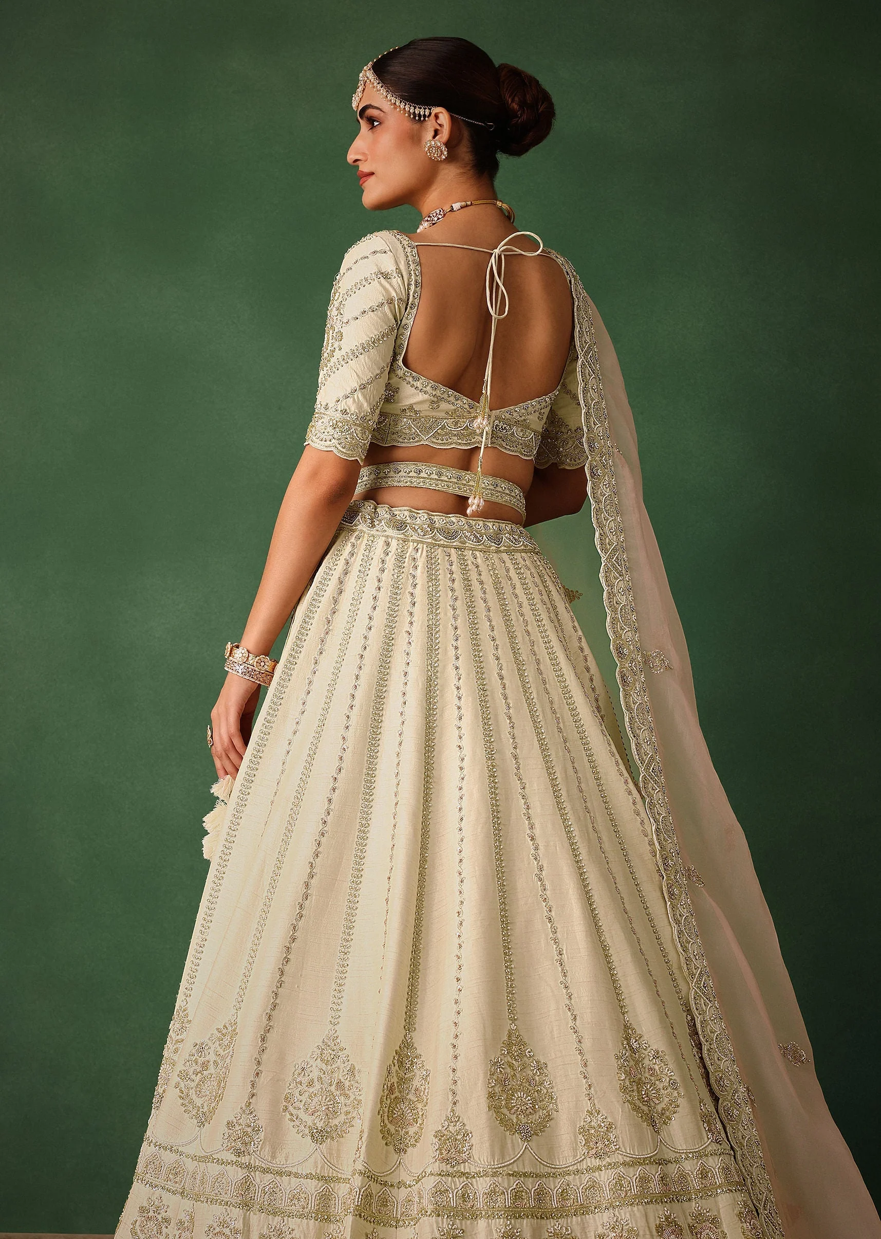White Hand Embroidered Lehenga Set In Raw Silk With Dupatta - Image 5