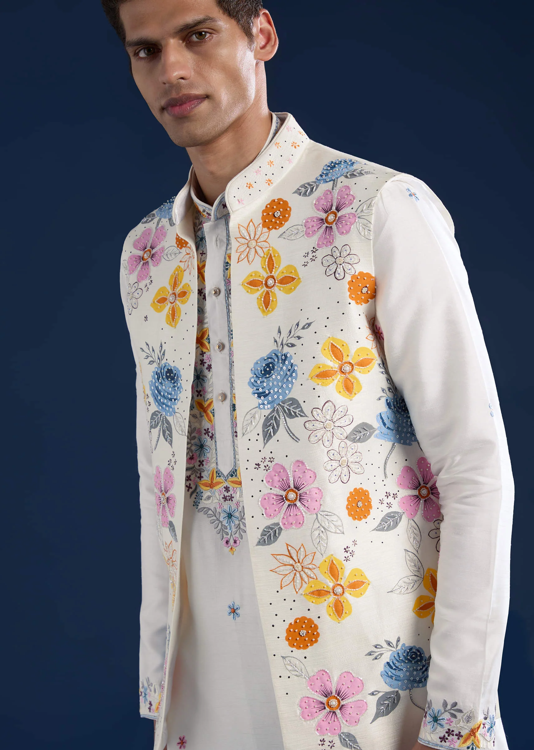 White Hand Painted Silk Jacket Kurta Set with Cutdana Work - Image 2