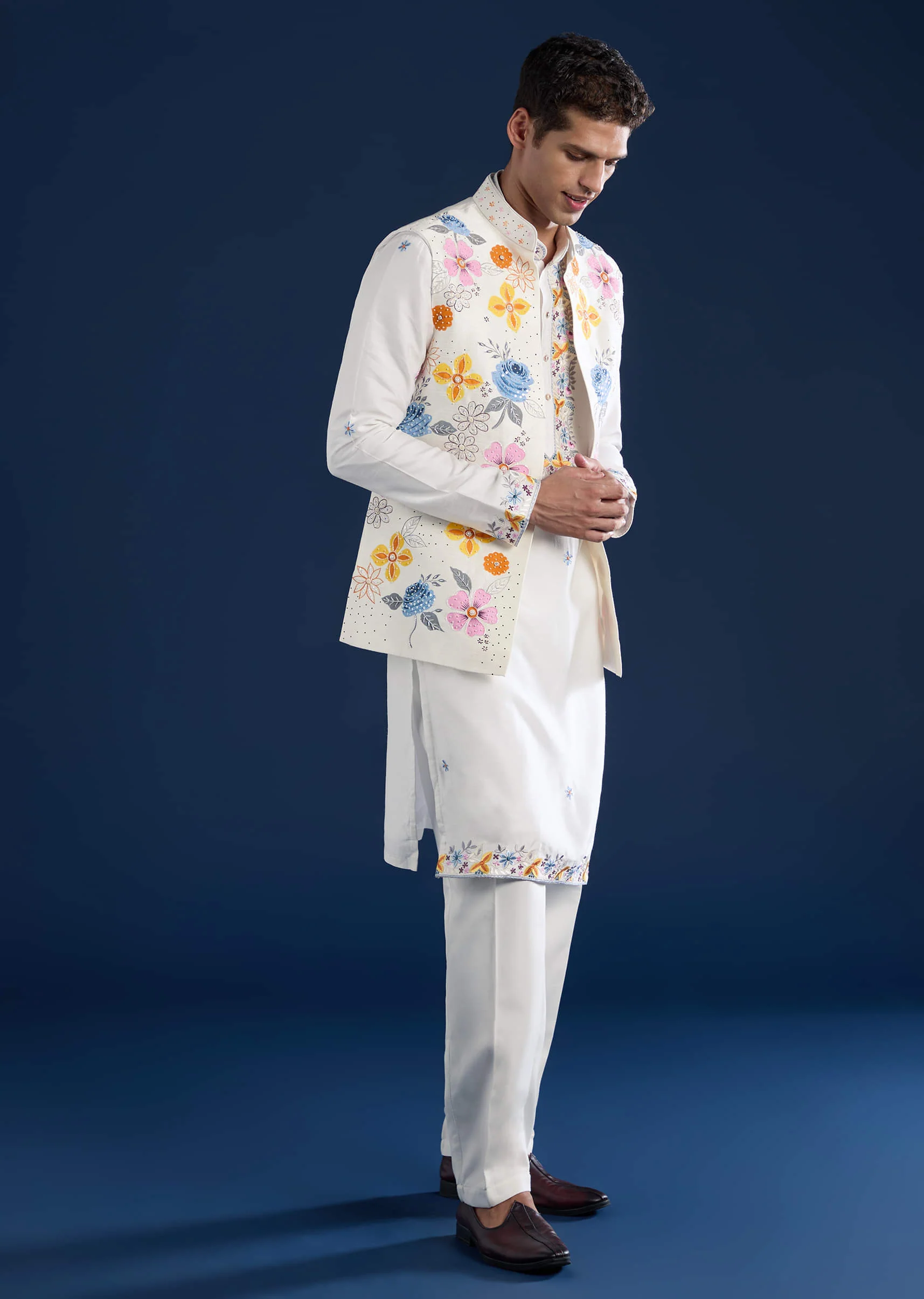 White Hand Painted Silk Jacket Kurta Set with Cutdana Work - Image 3