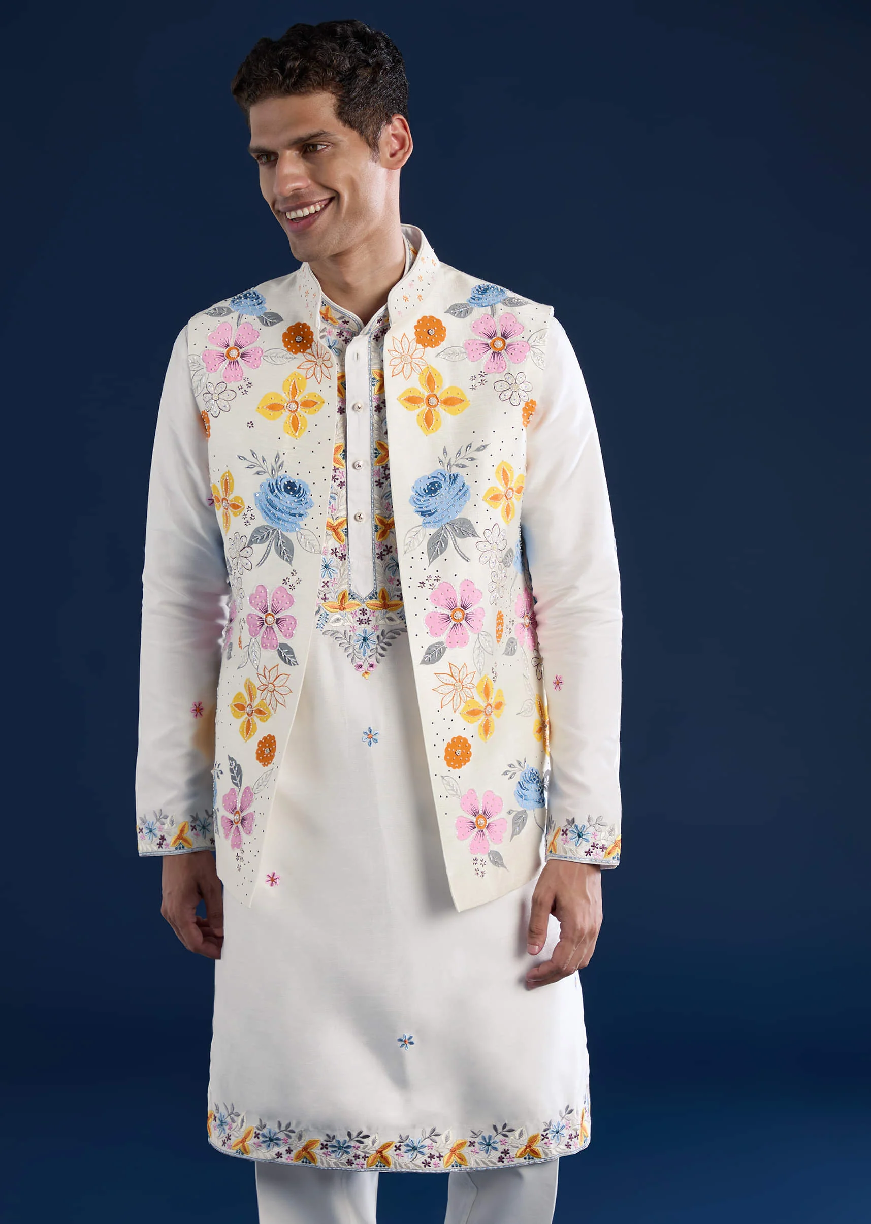 White Hand Painted Silk Jacket Kurta Set with Cutdana Work - Image 4