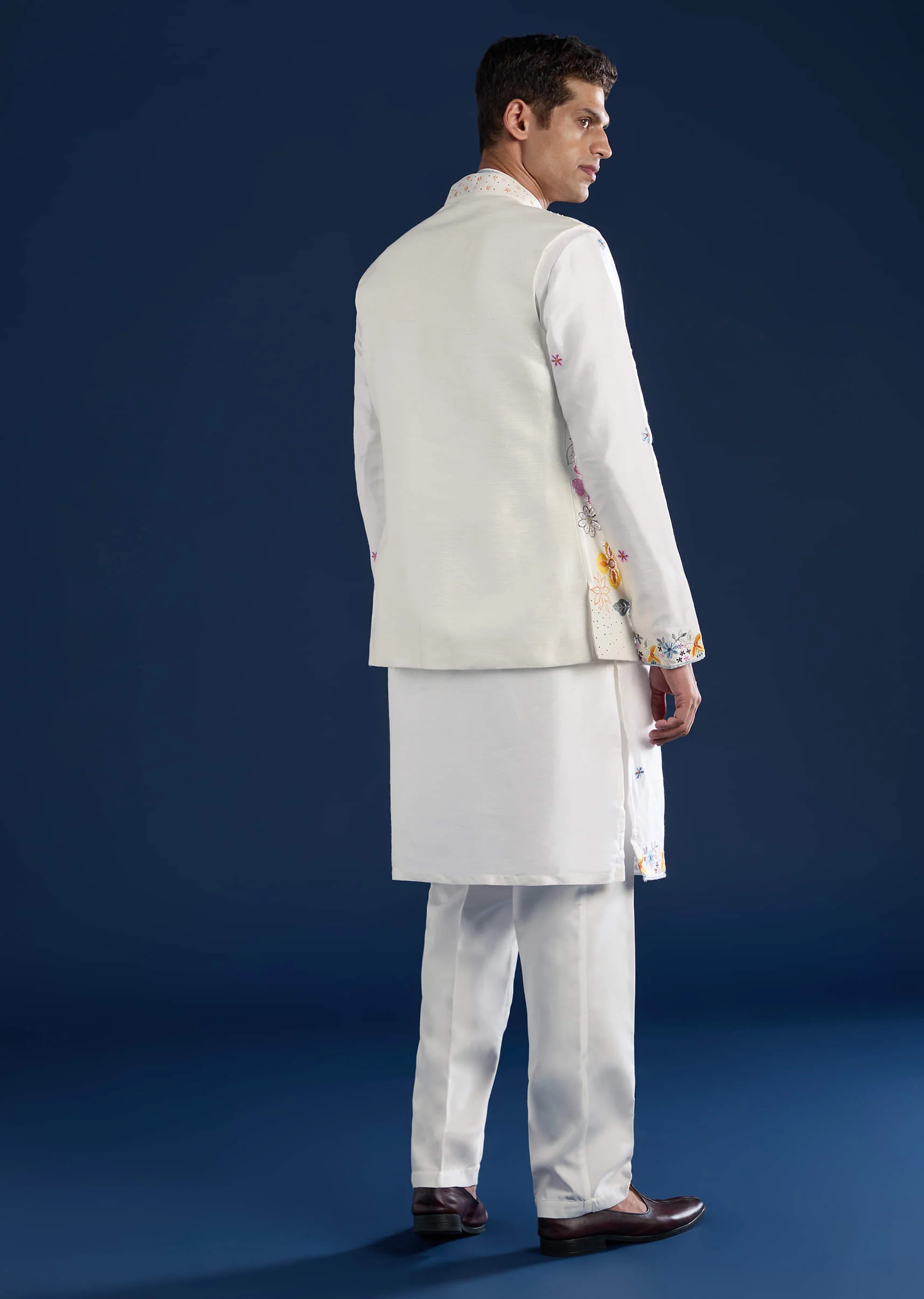 White Hand Painted Silk Jacket Kurta Set with Cutdana Work - Image 5