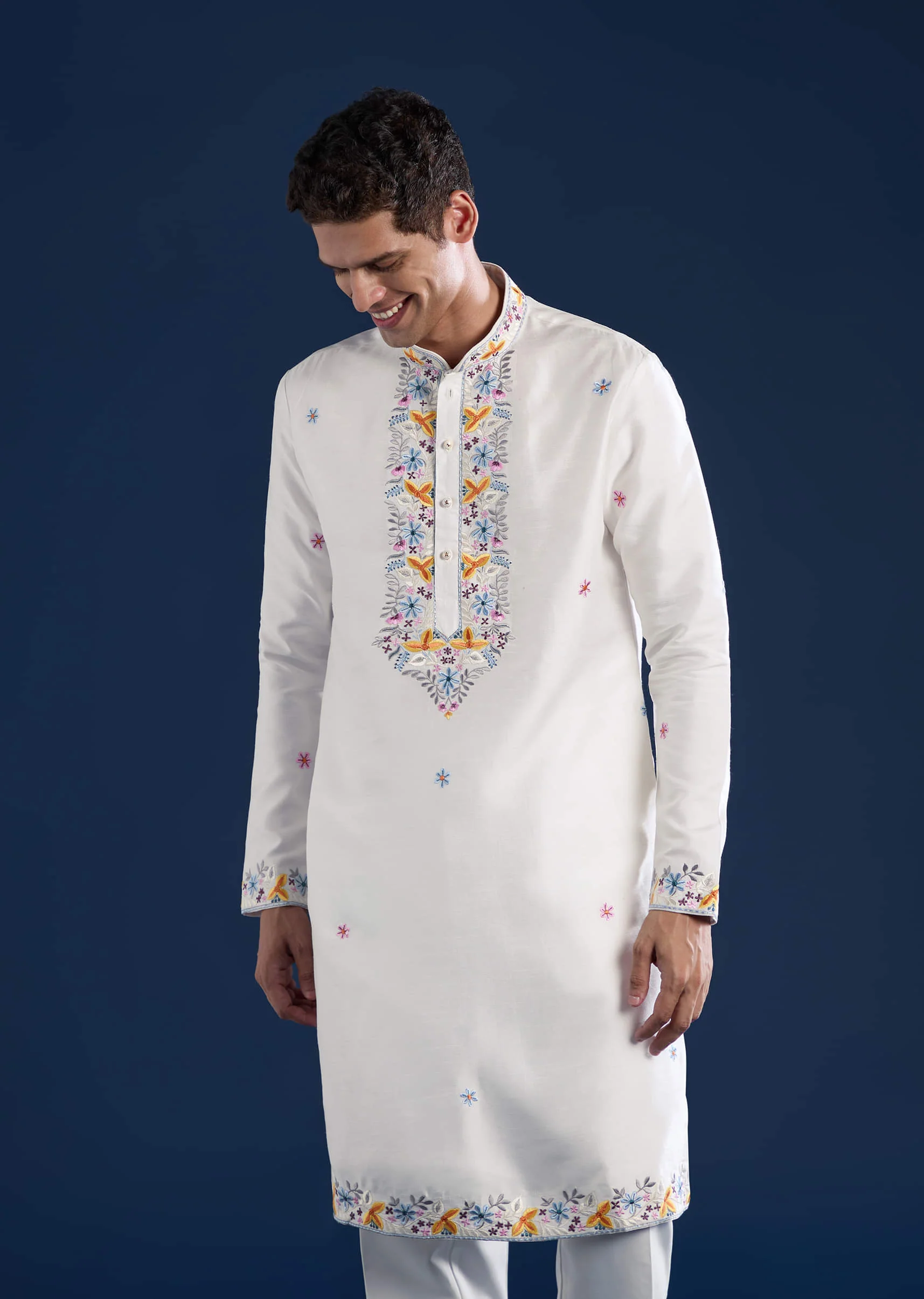White Hand Painted Silk Jacket Kurta Set with Cutdana Work - Image 6