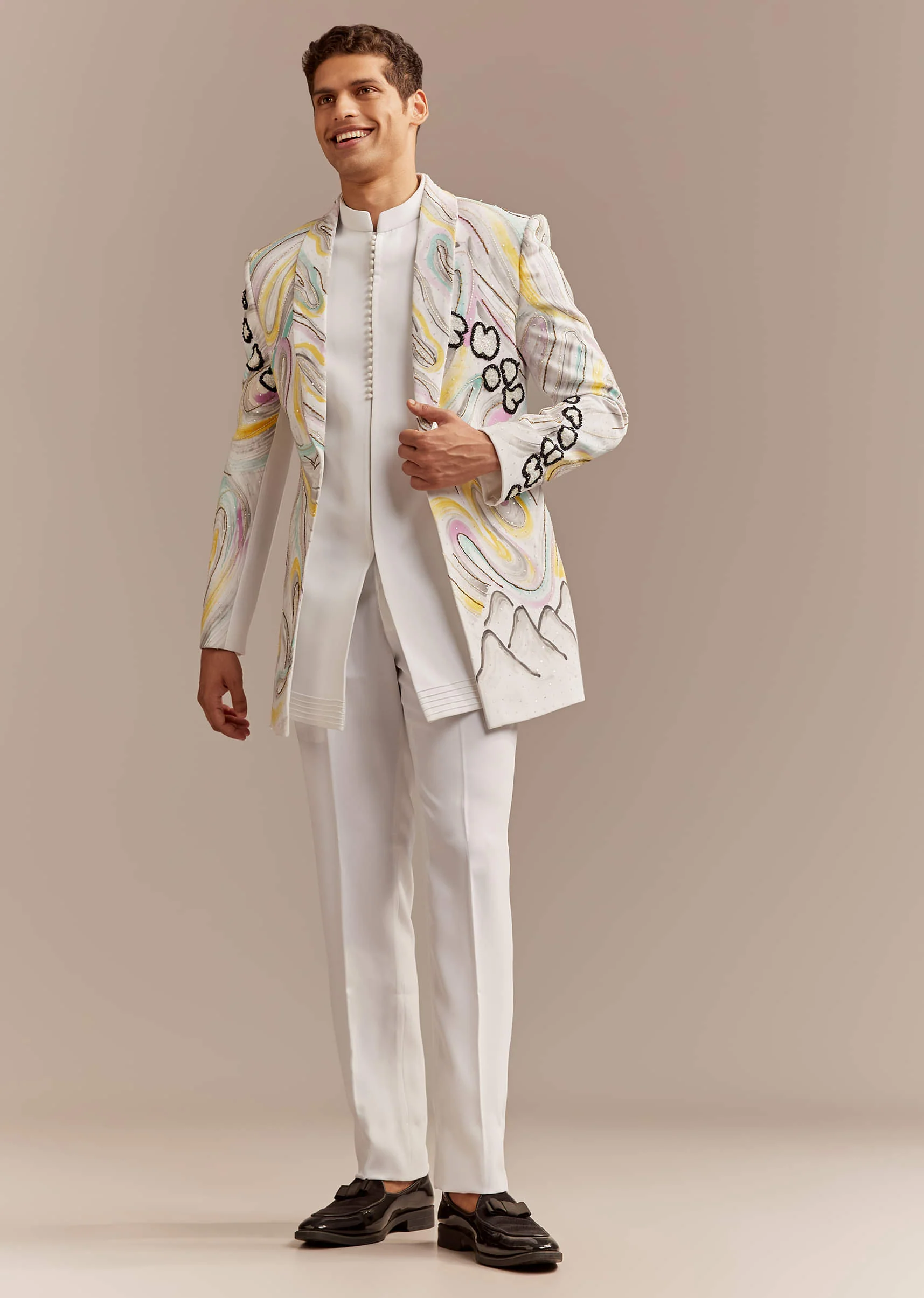 White Indo Western Set For Men With Hand Painted Work - Image 3