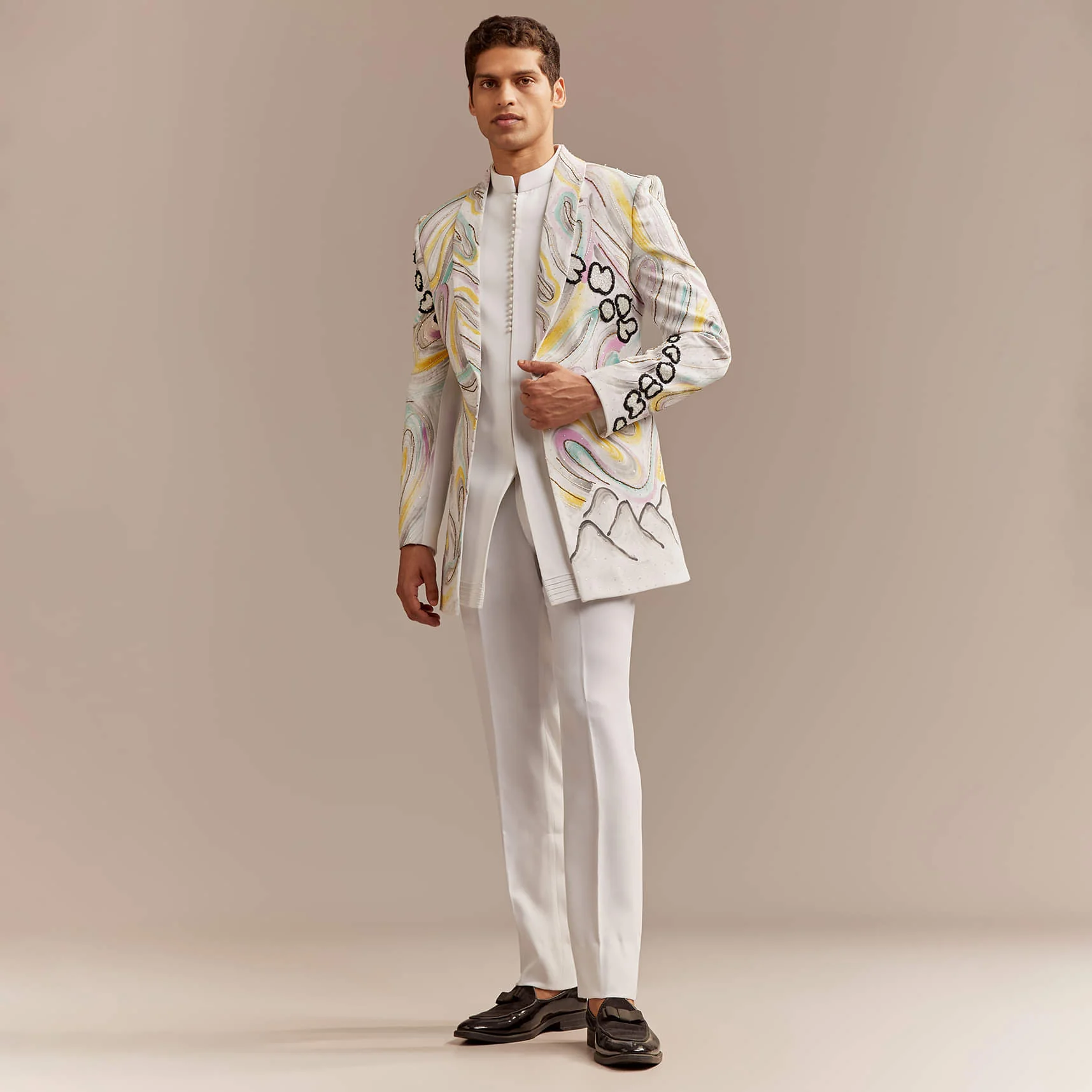 White Indo Western Set For Men With Hand Painted Work - Image 4