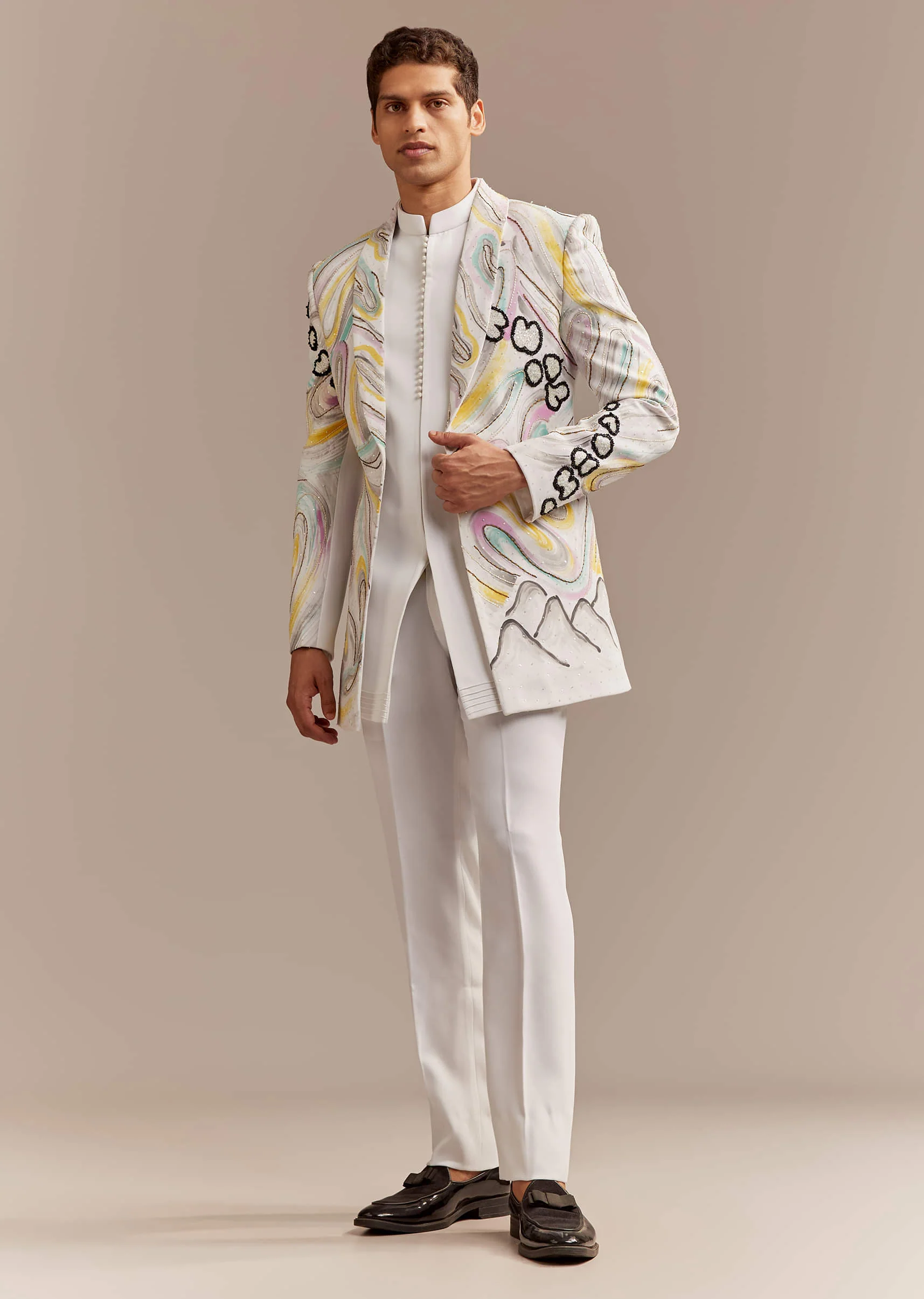 White Indo Western Set For Men With Hand Painted Work - Image 9