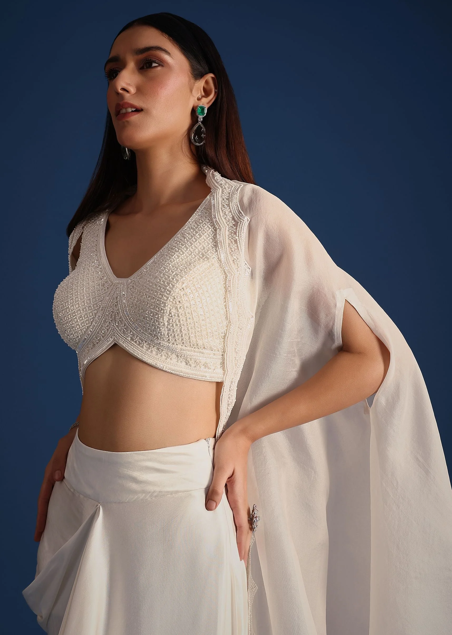 White Jacket With Embellished Blouse And Draped Skirt - Image 2