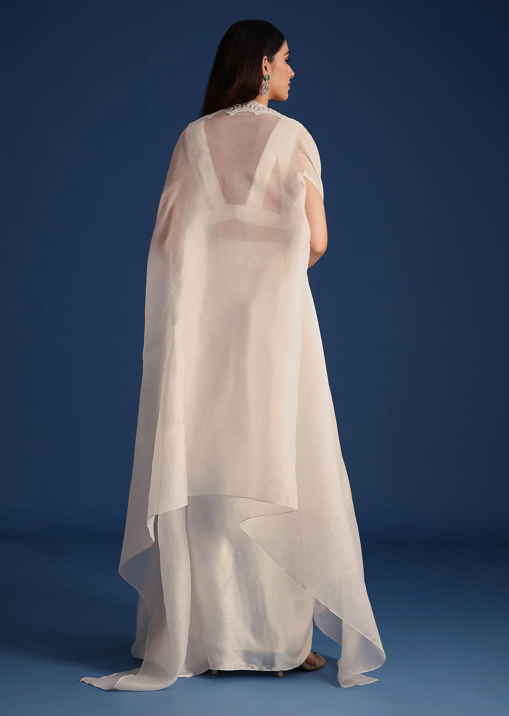 White Jacket With Embellished Blouse And Draped Skirt - Image 5