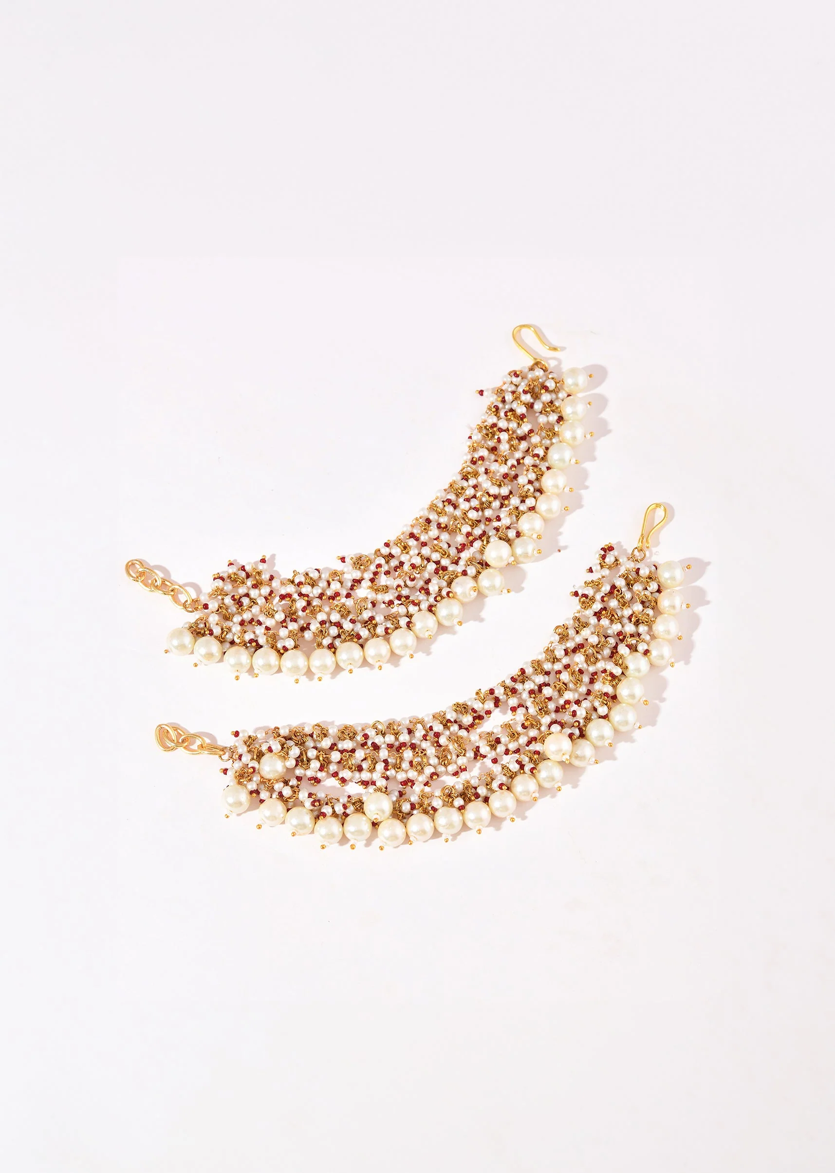 White Kundan Cluster Bead Drop Earchain Set - Image 2