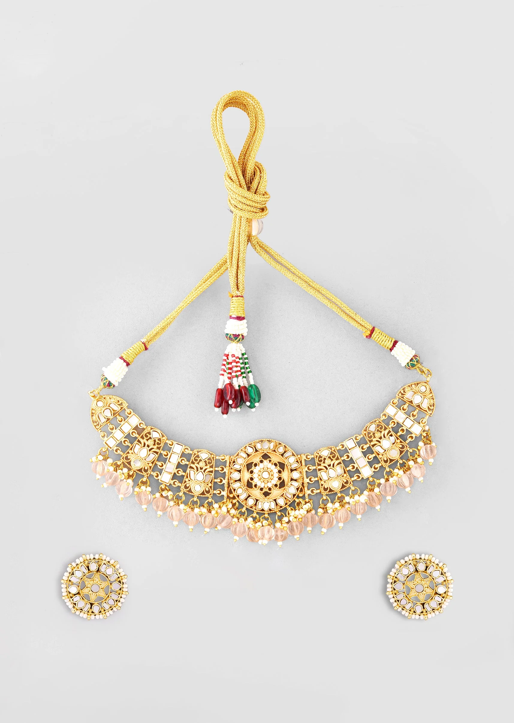 White Kundan Floral Pendant Necklace and Earrings Set - Image 2