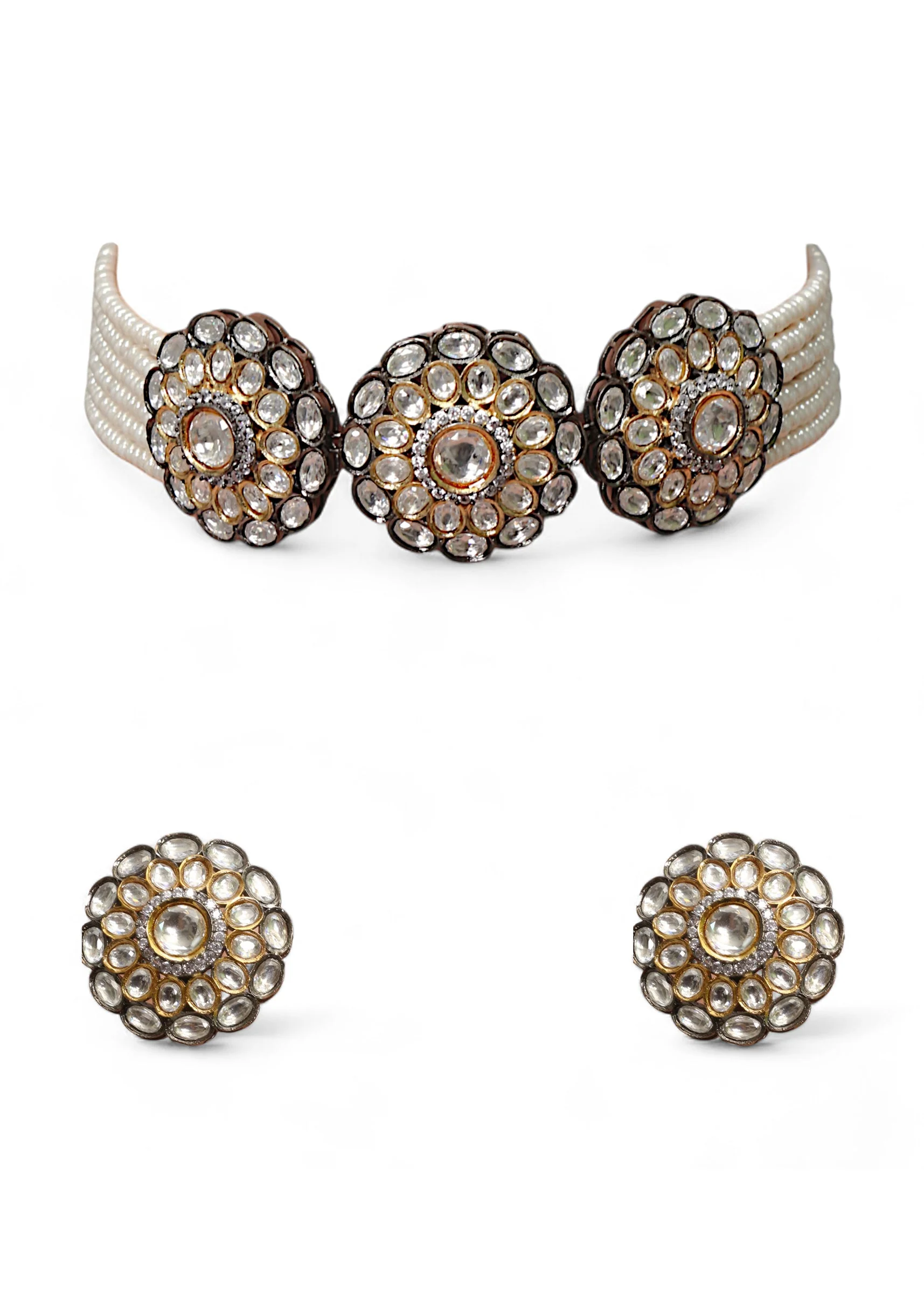 White Kundan Floral Pendant Necklace Set - Image 2