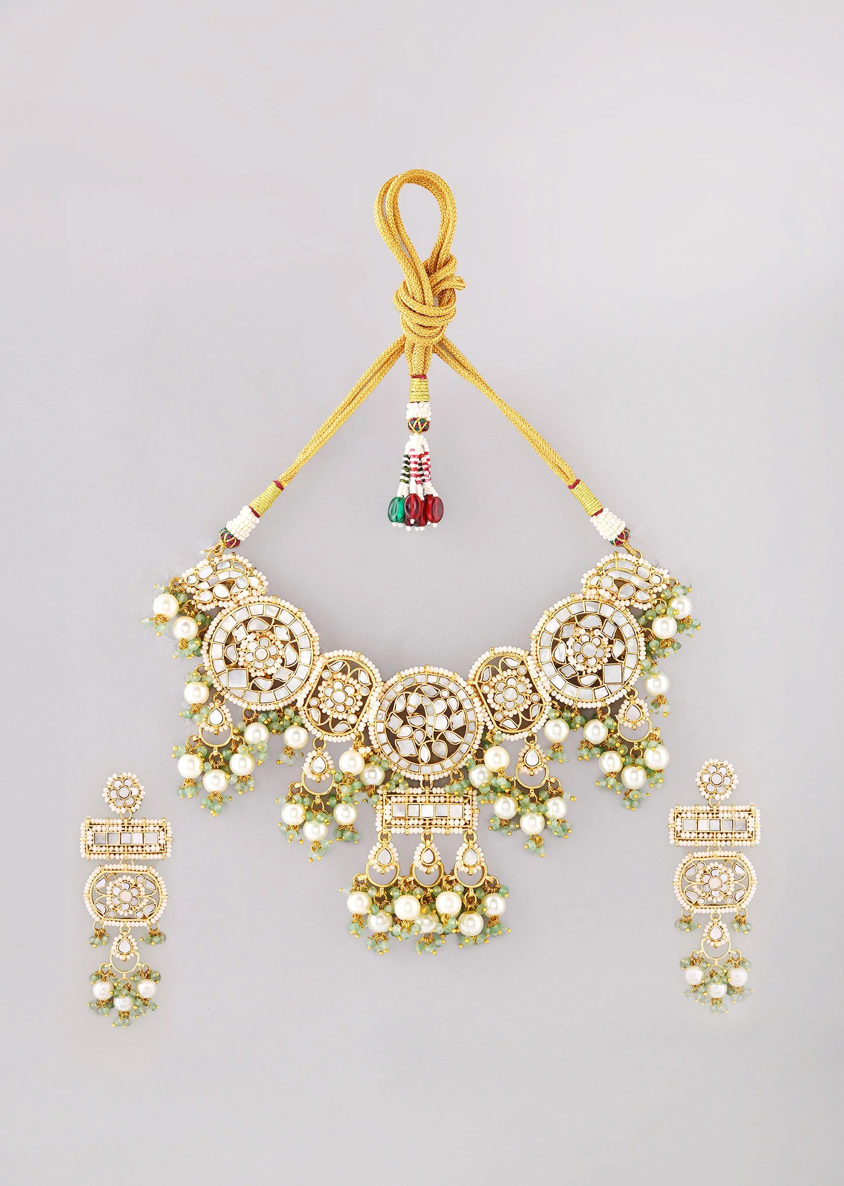 White Kundan Geometric Pendant Necklace and Earrings Set - Image 2