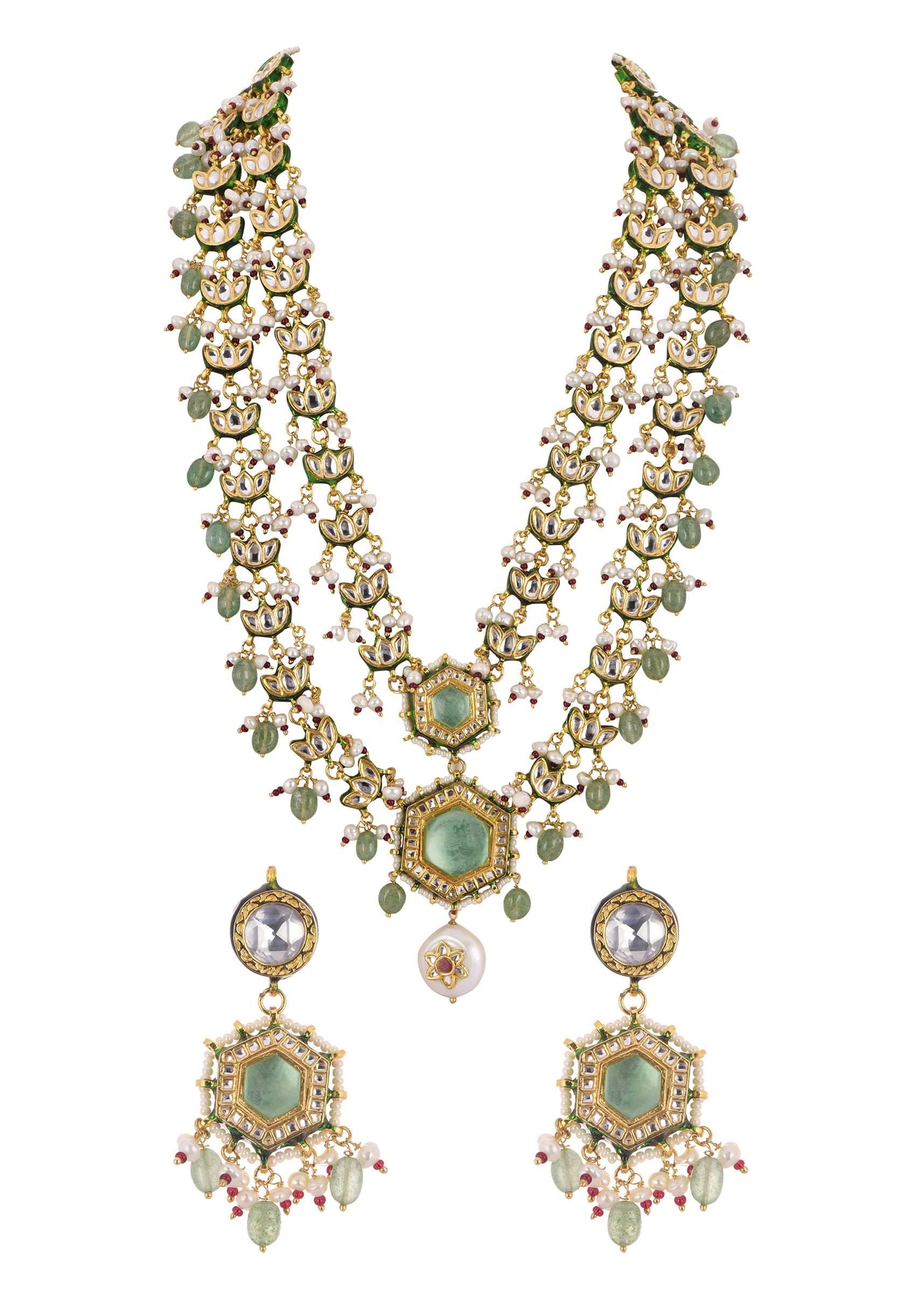 White Layered Kundan Necklace And Earring Set With Carved Motif - Image 2
