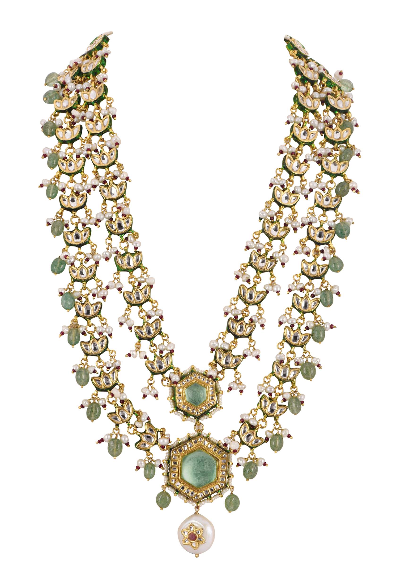 White Layered Kundan Necklace And Earring Set With Carved Motif - Image 3