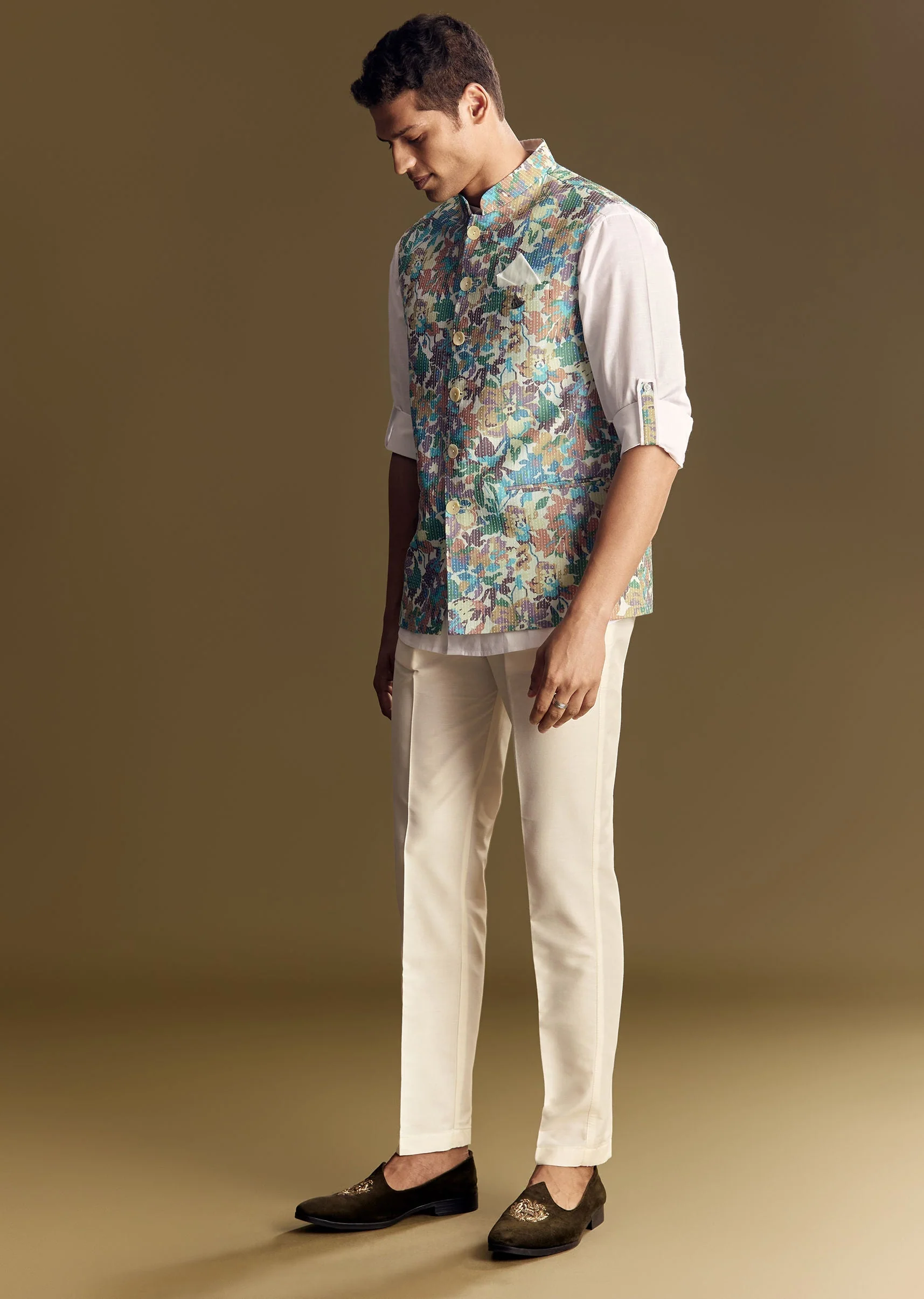 White Linen Jacket and Shirt With Multicolor Kantha Detailing - Image 2