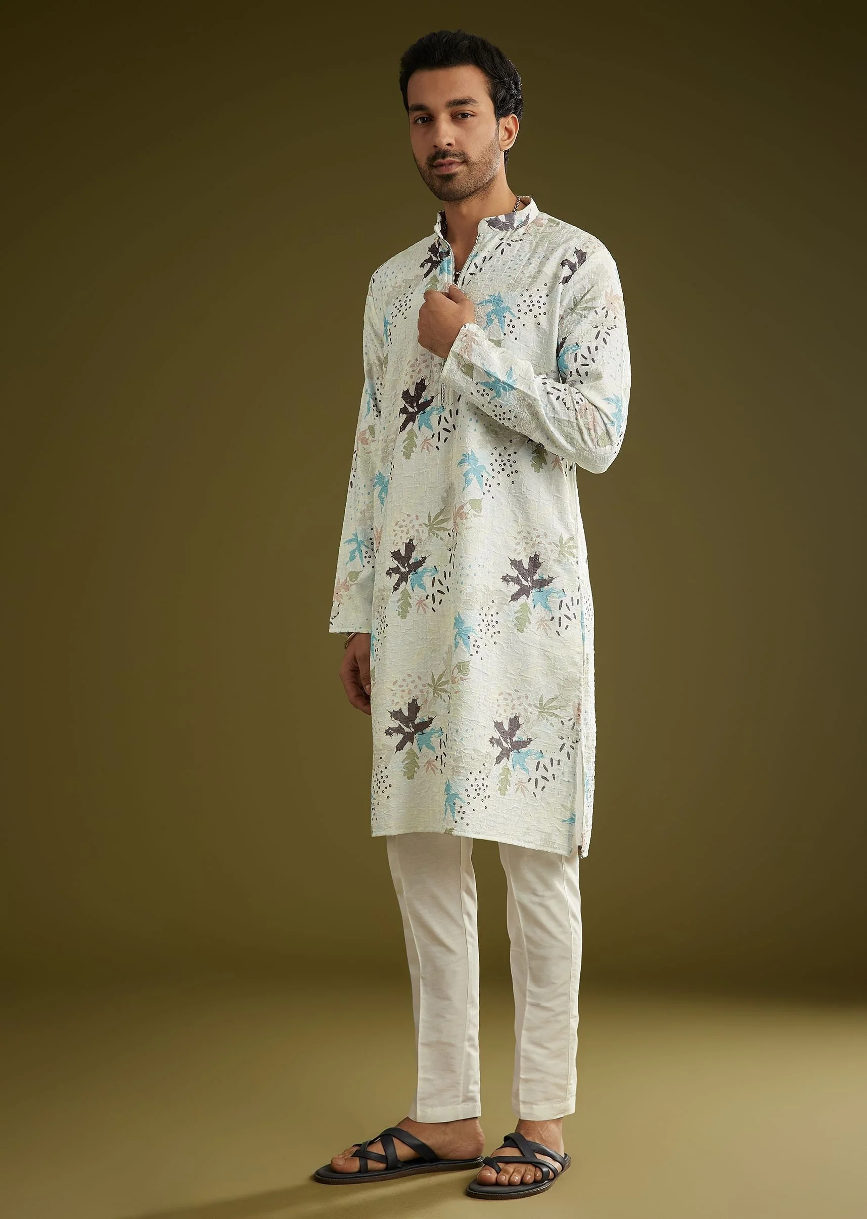 White Linen Zipper Kurta Set With Abstract Leaf Motifs - Image 4