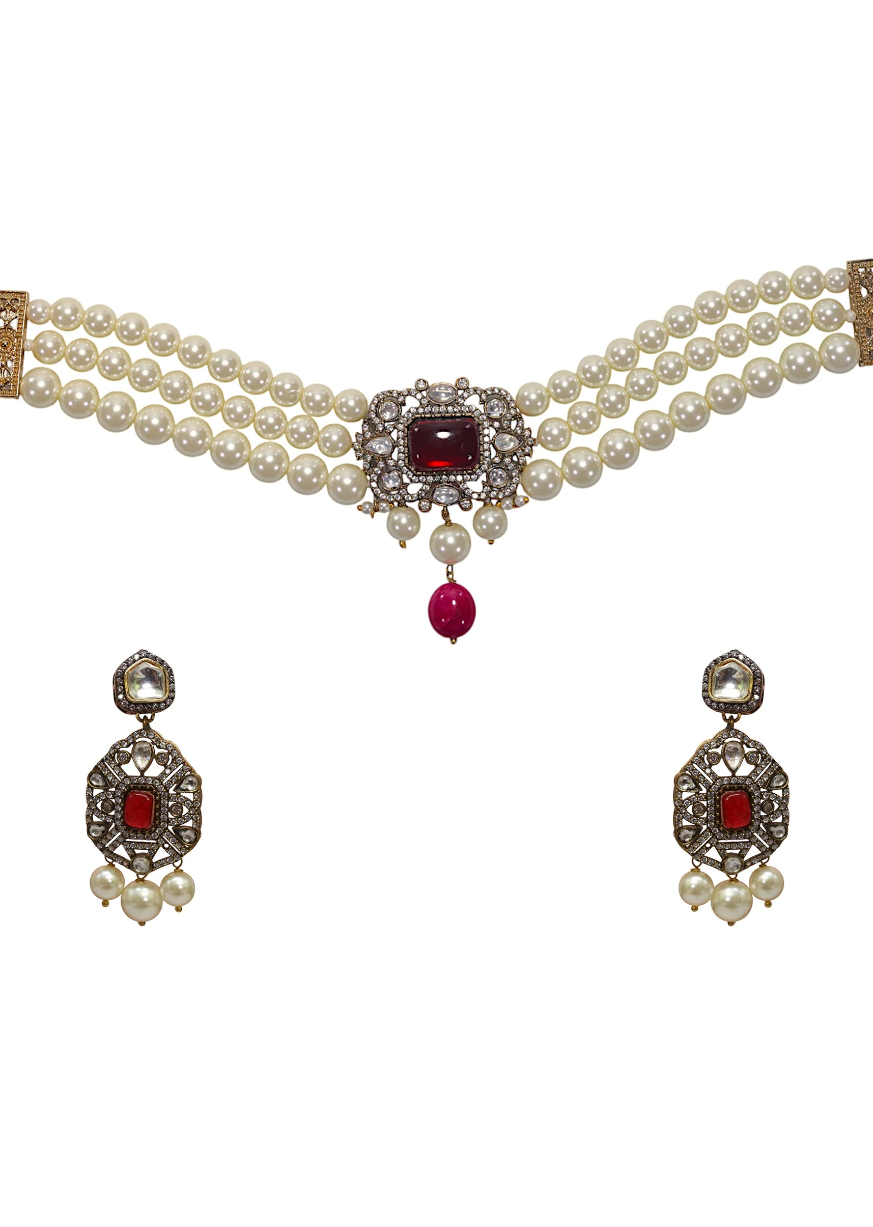 White Modern Polki Geometric Pendant Necklace Set - Image 2