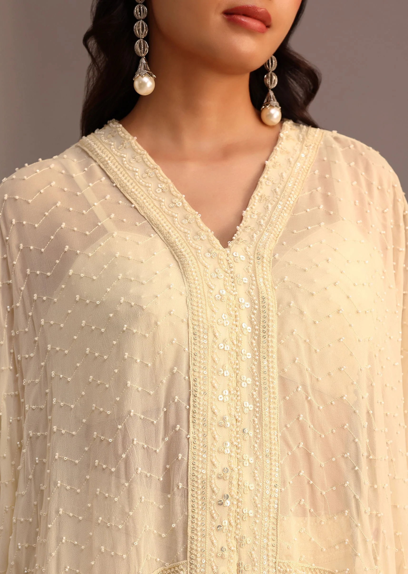 White Moti Work Croptop Palazzo Set With Cape - Image 3
