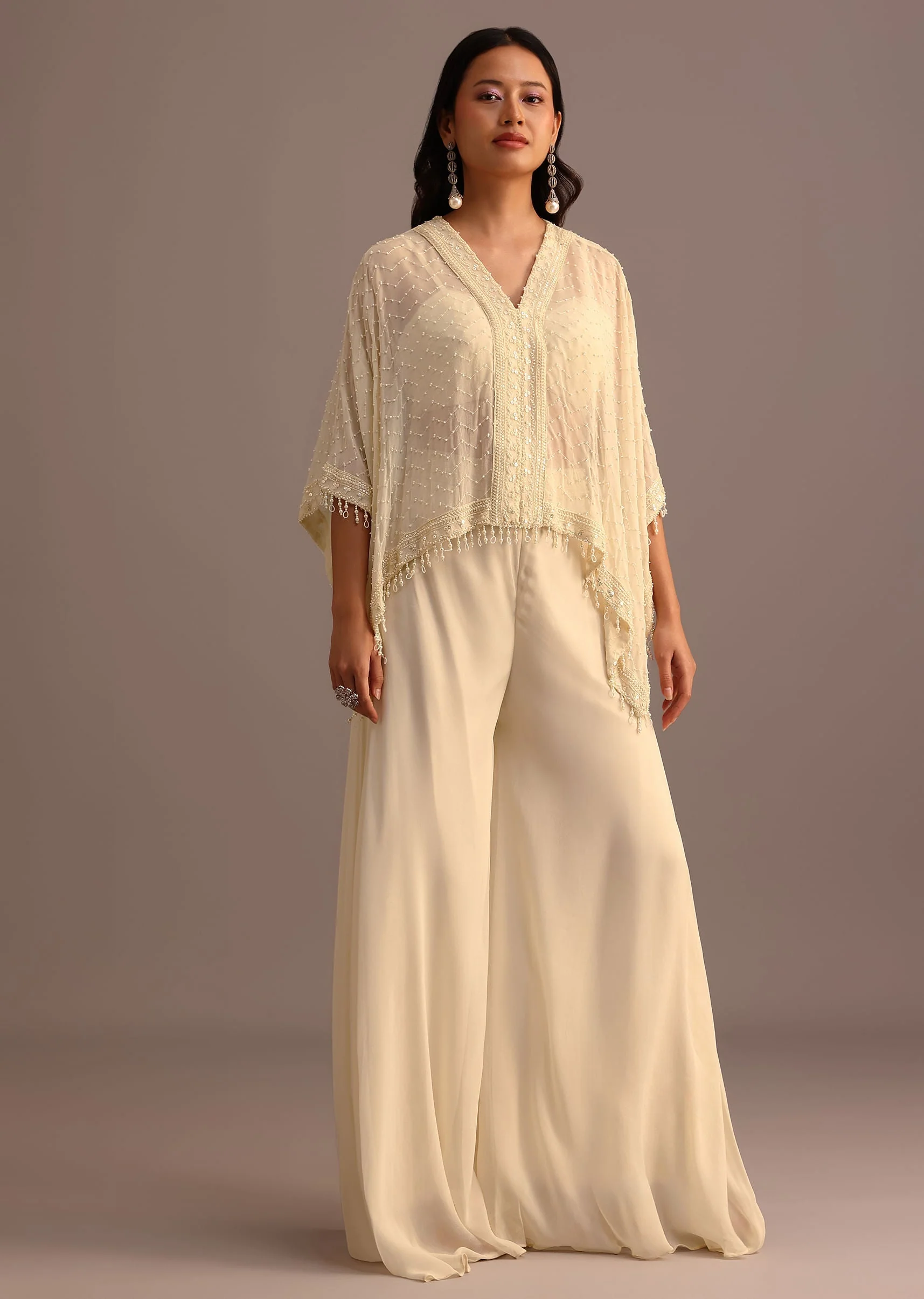 White Moti Work Croptop Palazzo Set With Cape - Image 4