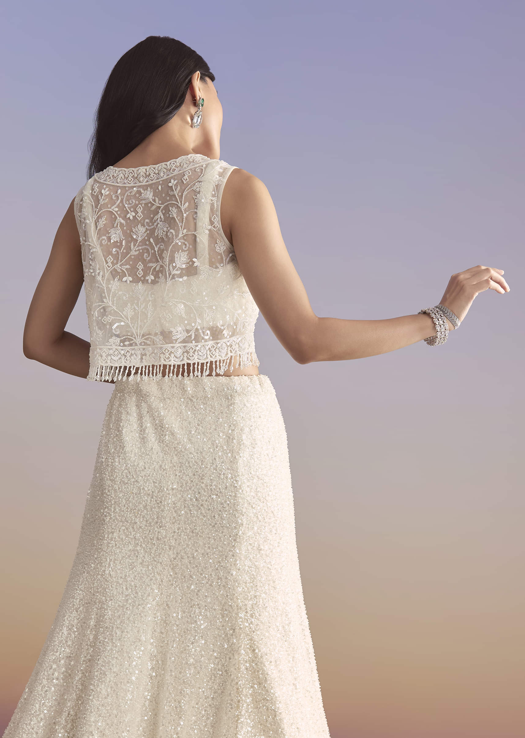 White Net Bridesmaid Lehenga With Sequins Work And Embellished Jacket - Image 6
