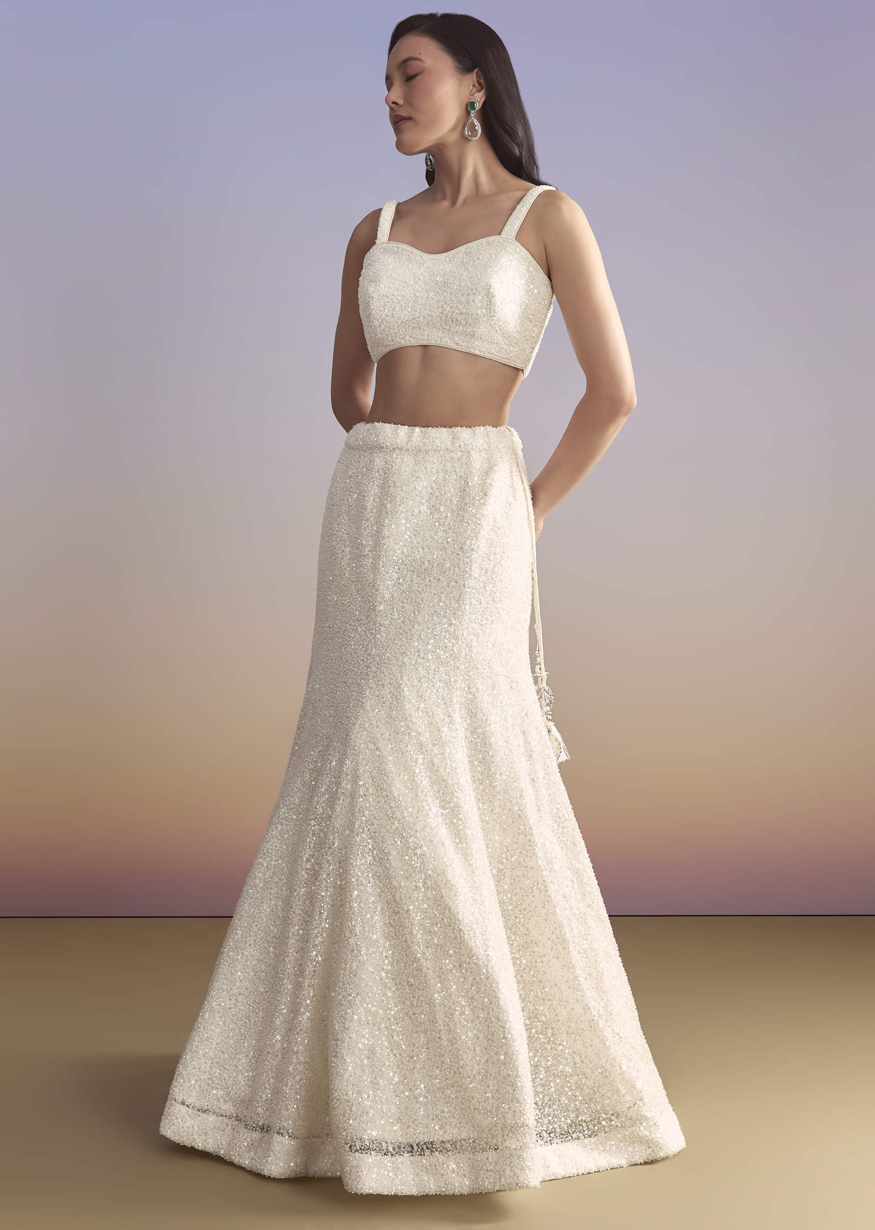 White Net Bridesmaid Lehenga With Sequins Work And Embellished Jacket - Image 7