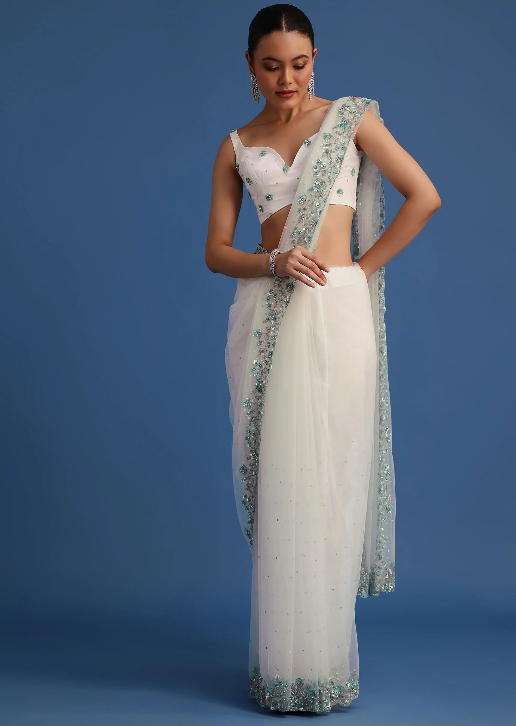 White Net Cutdana And Sequin Embroidered Saree - Image 5