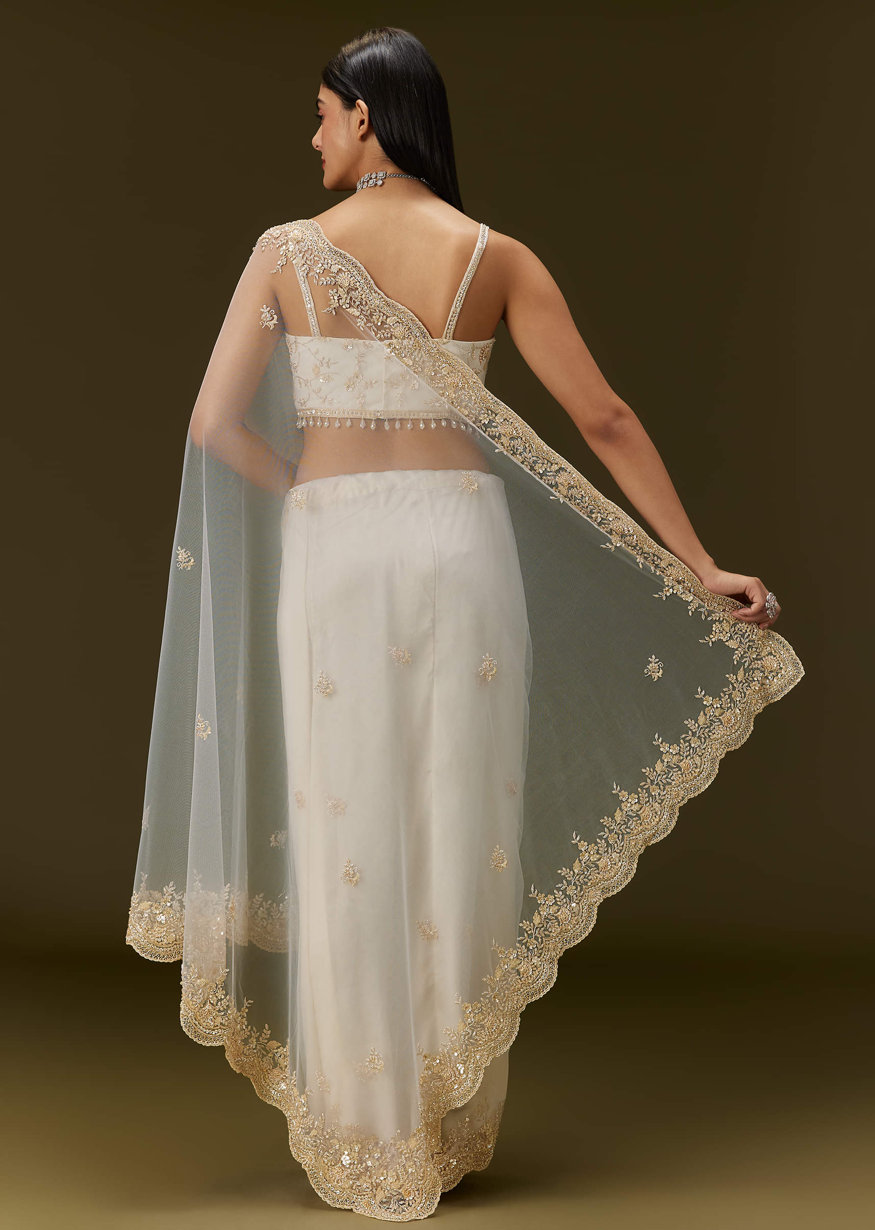 White Net Heavy Embroidered Saree With Embellished Border - Image 6