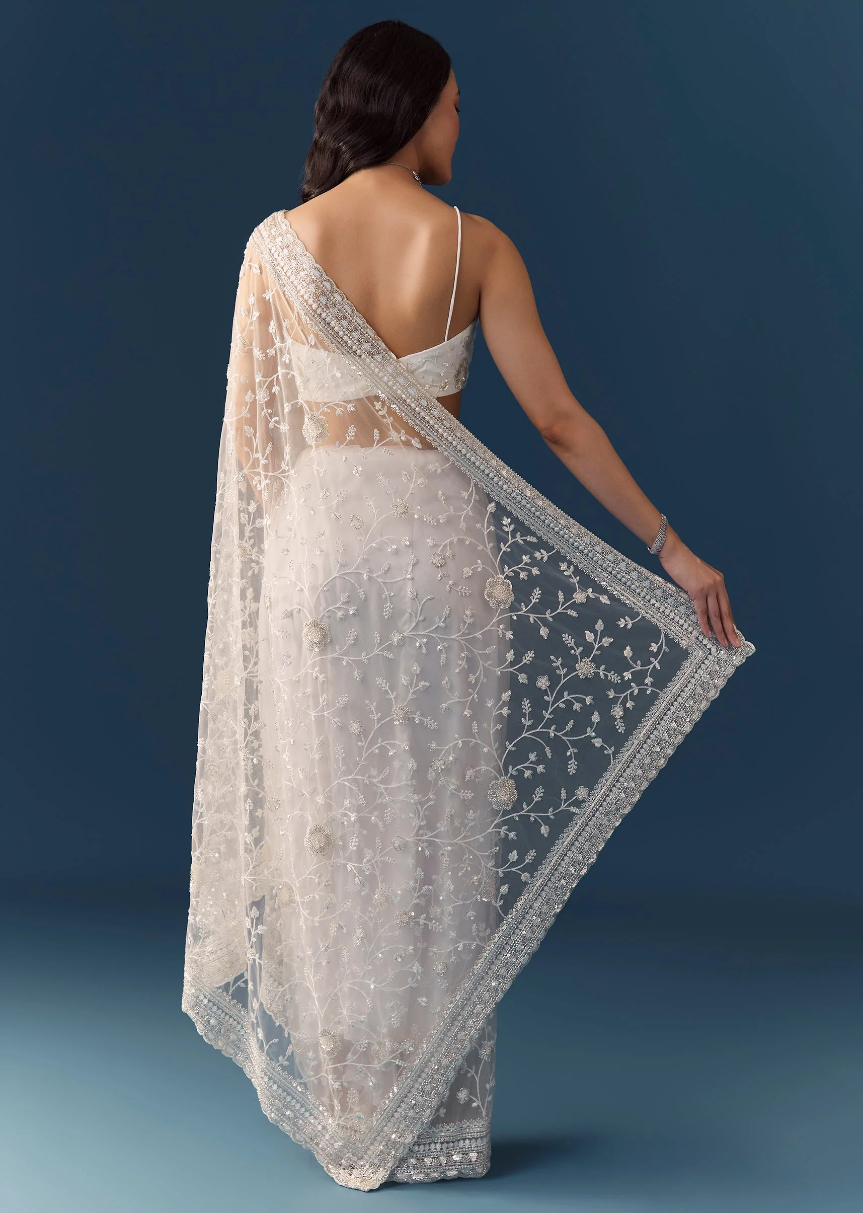 White Net Jaal Resham Work Saree with Unstitched Blouse - Image 5