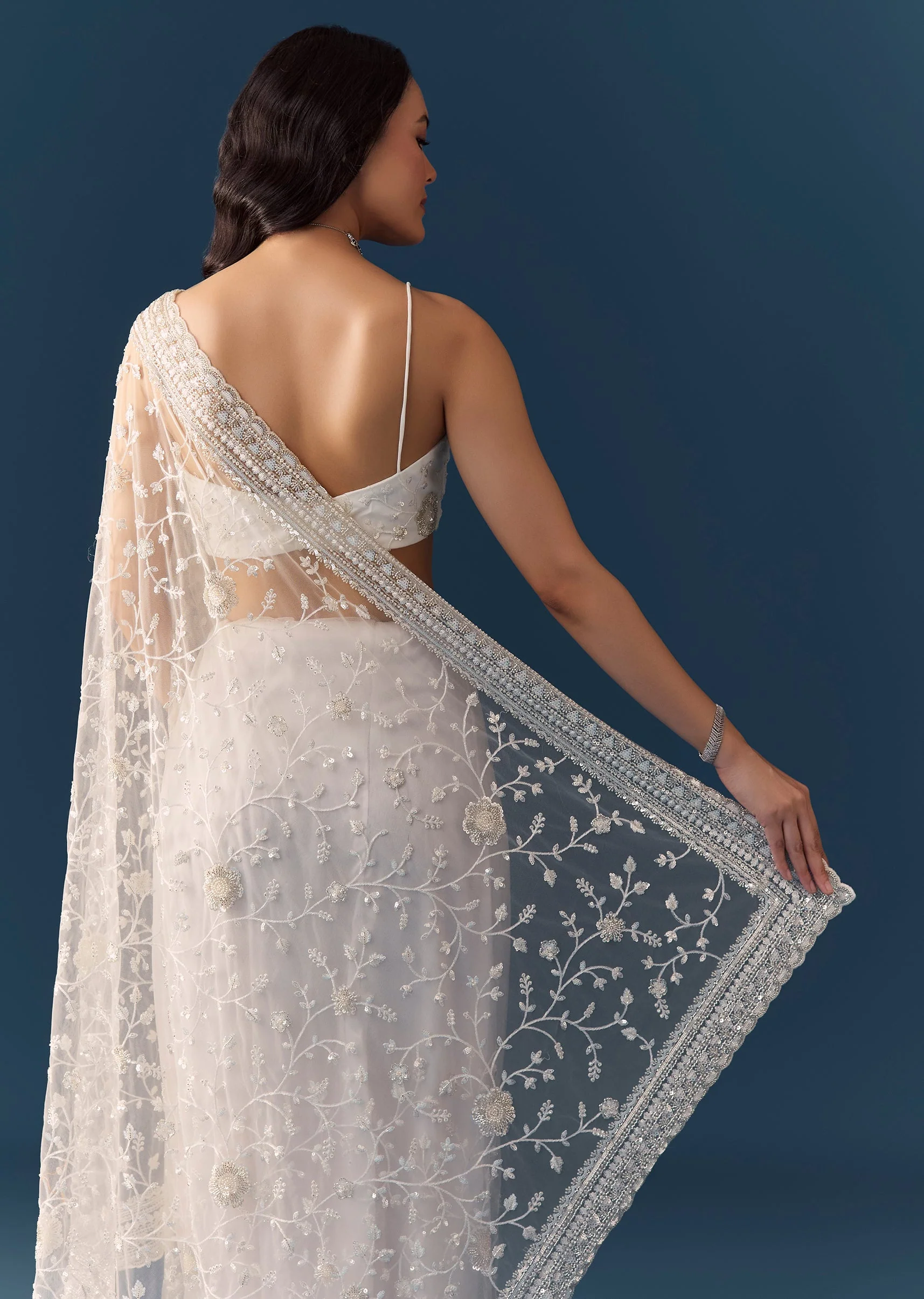 White Net Jaal Resham Work Saree with Unstitched Blouse - Image 6
