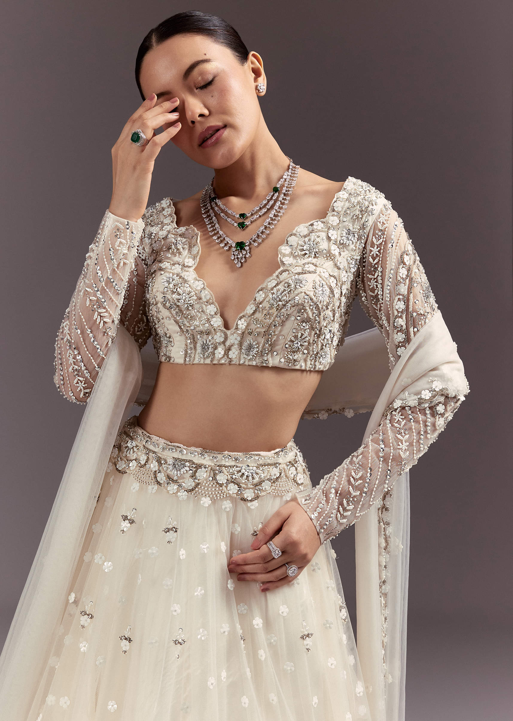 White Net Lehenga Set With Embellished Blouse And Dupatta - Image 2