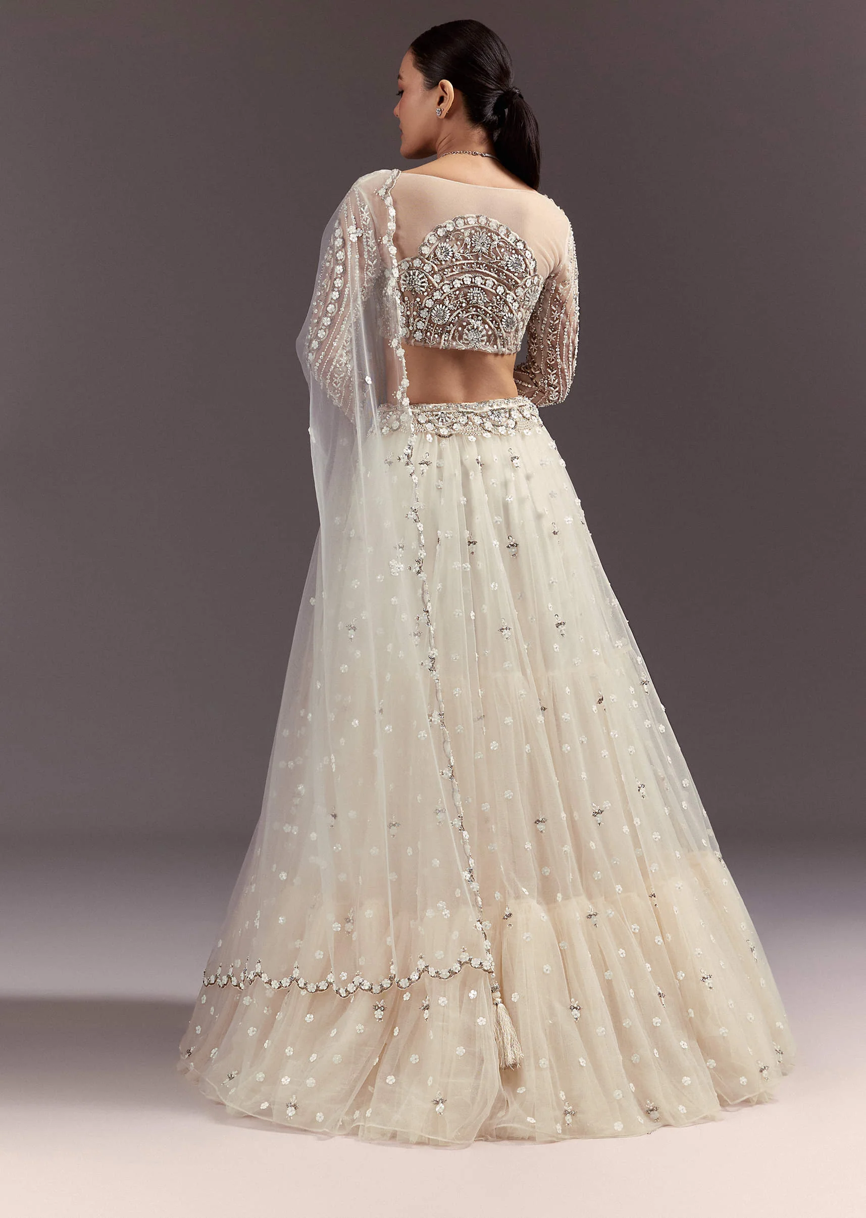 White Net Lehenga Set With Embellished Blouse And Dupatta - Image 5