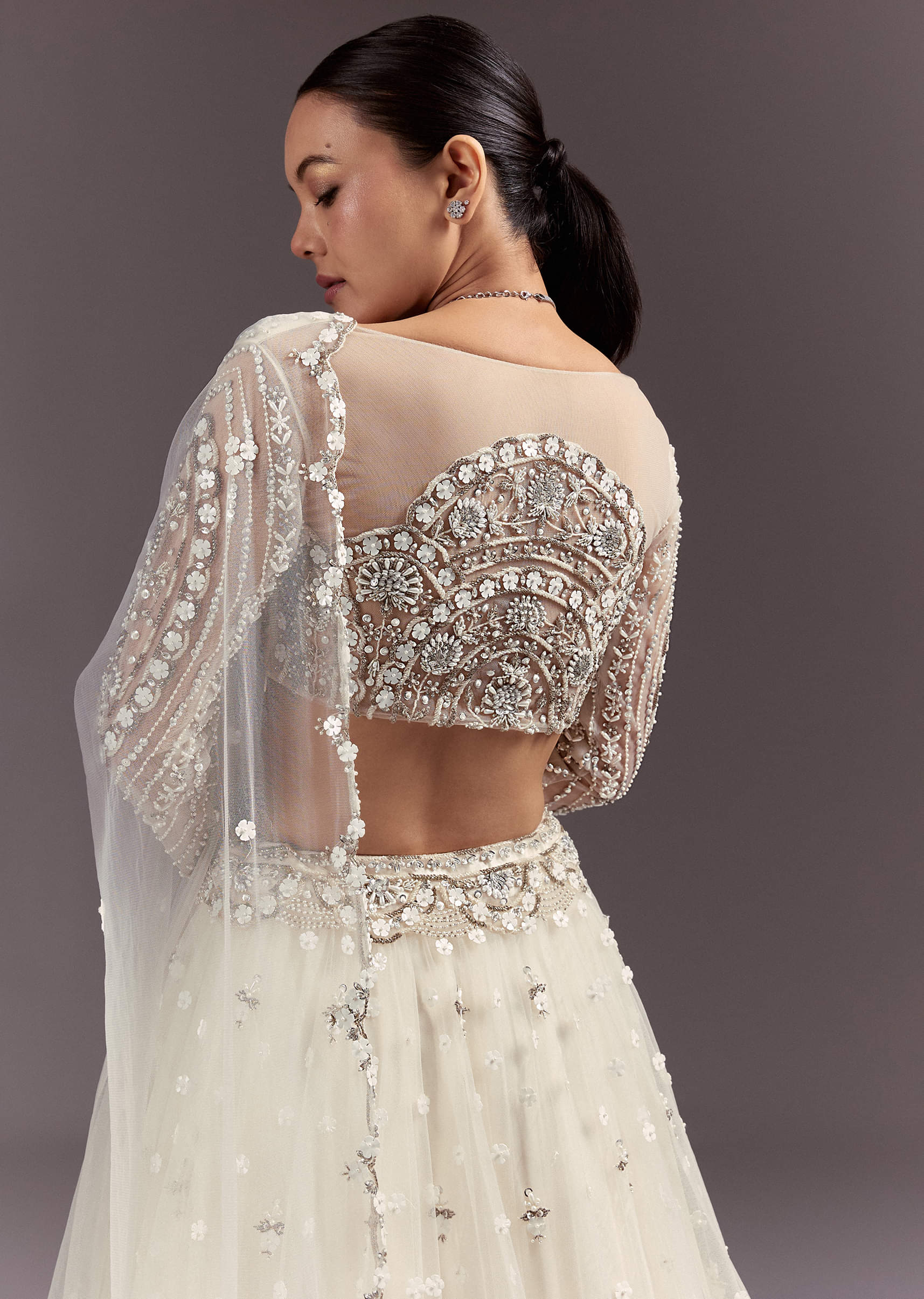 White Net Lehenga Set With Embellished Blouse And Dupatta - Image 6