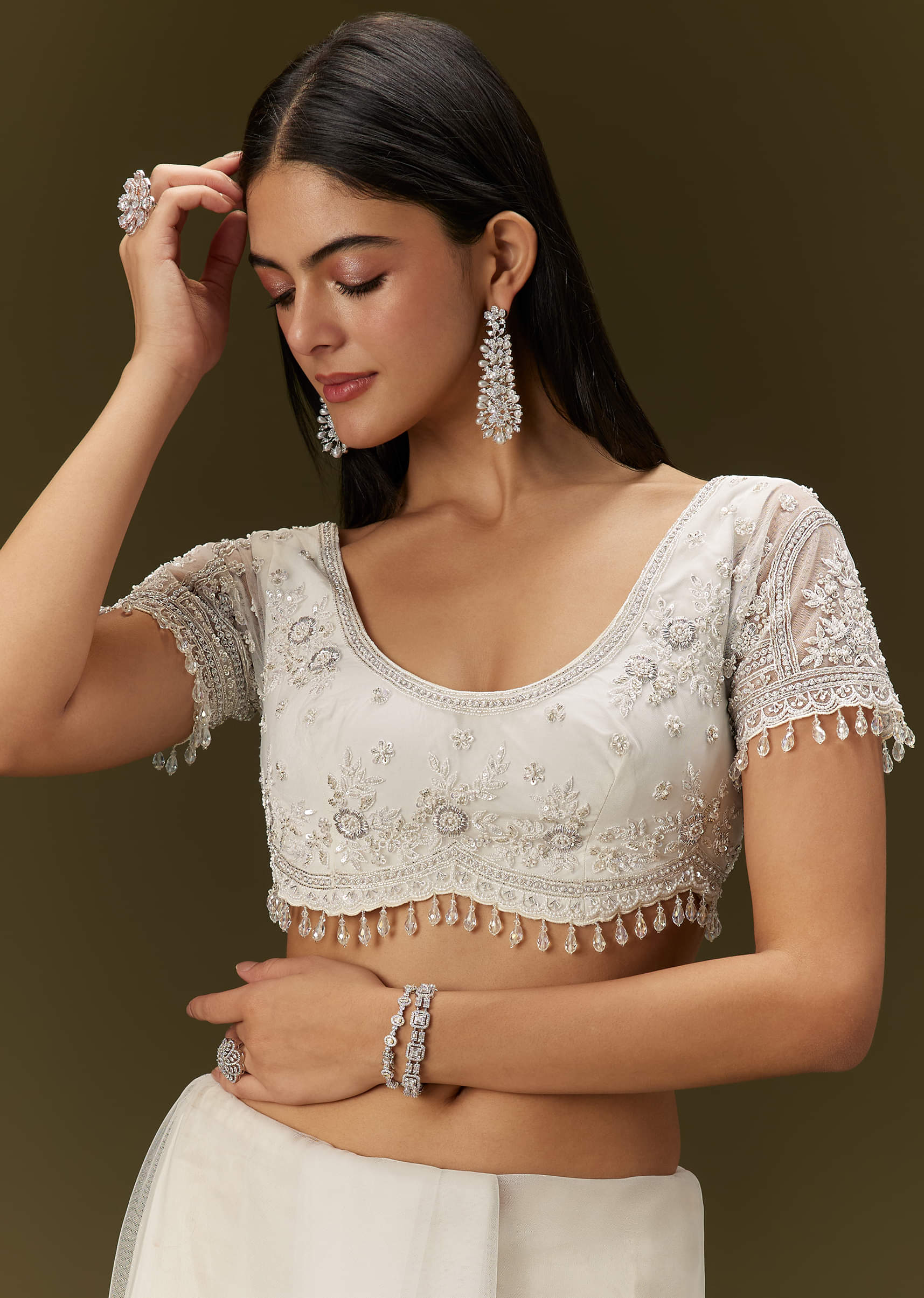 White Net Saree With All Over Embroidery - Image 7