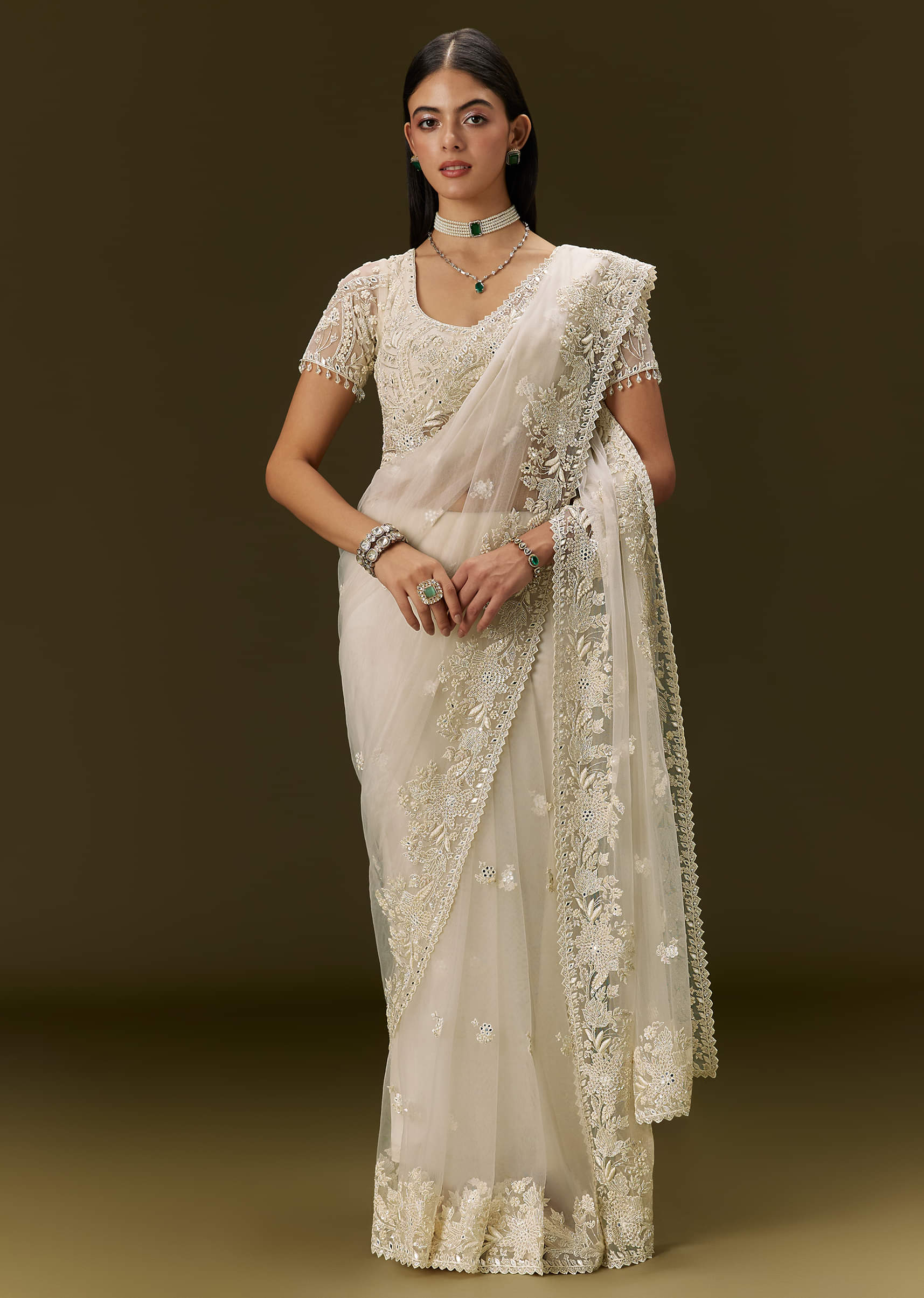 White Net Saree With All Over Heavy Embroidery - Image 3