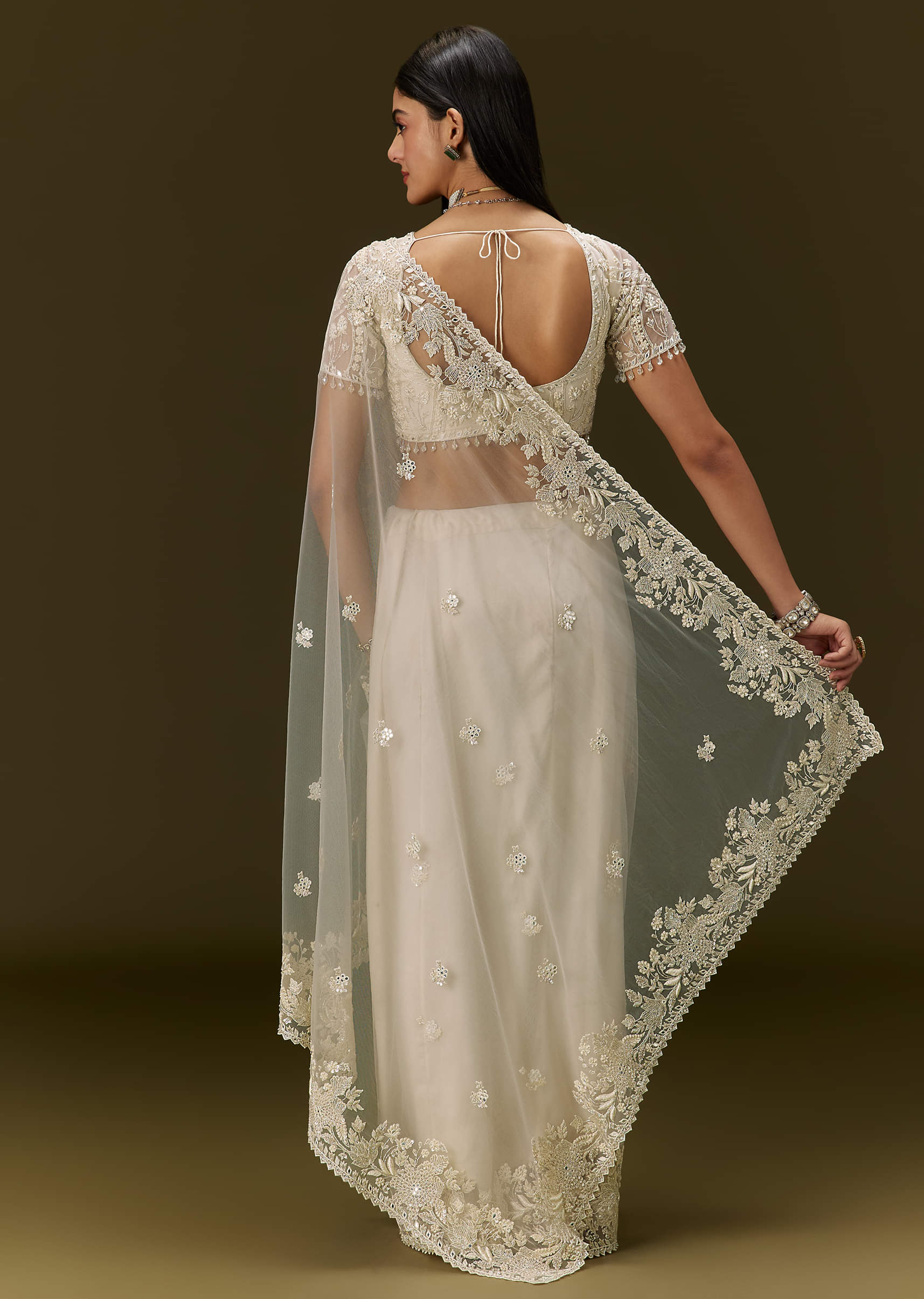 White Net Saree With All Over Heavy Embroidery - Image 6