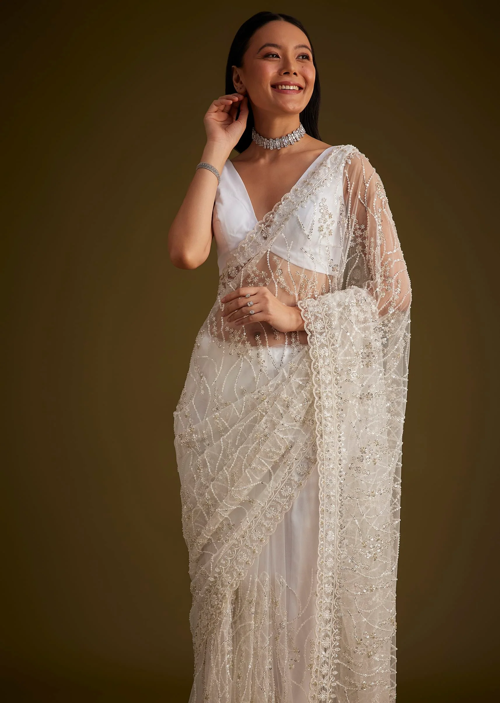 White Net Saree With Sequins And Stones Embroidery - Image 2