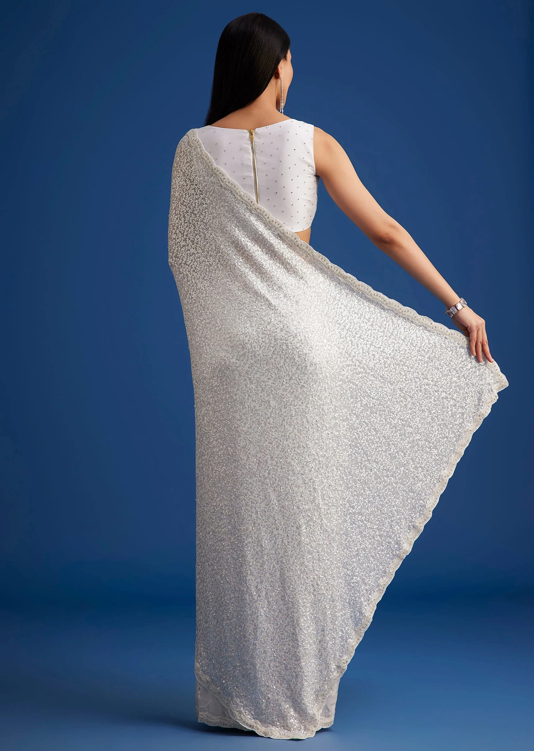 White Net Sequins Saree with Scalloped Embroidered Border - Image 4