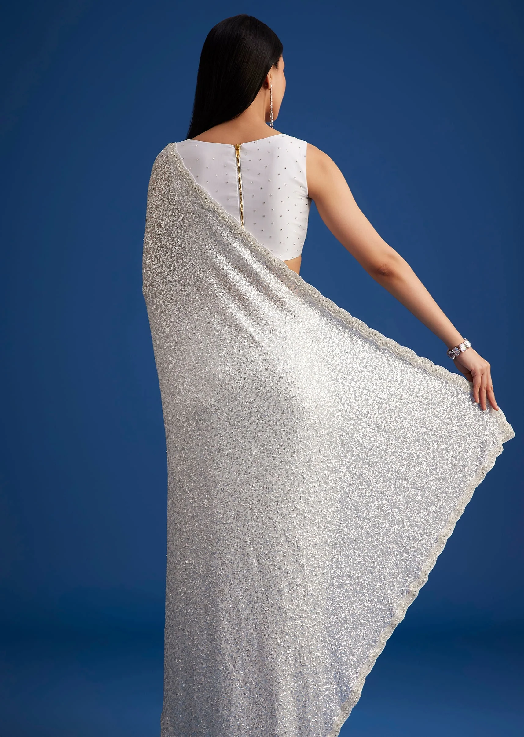 White Net Sequins Saree with Scalloped Embroidered Border - Image 6