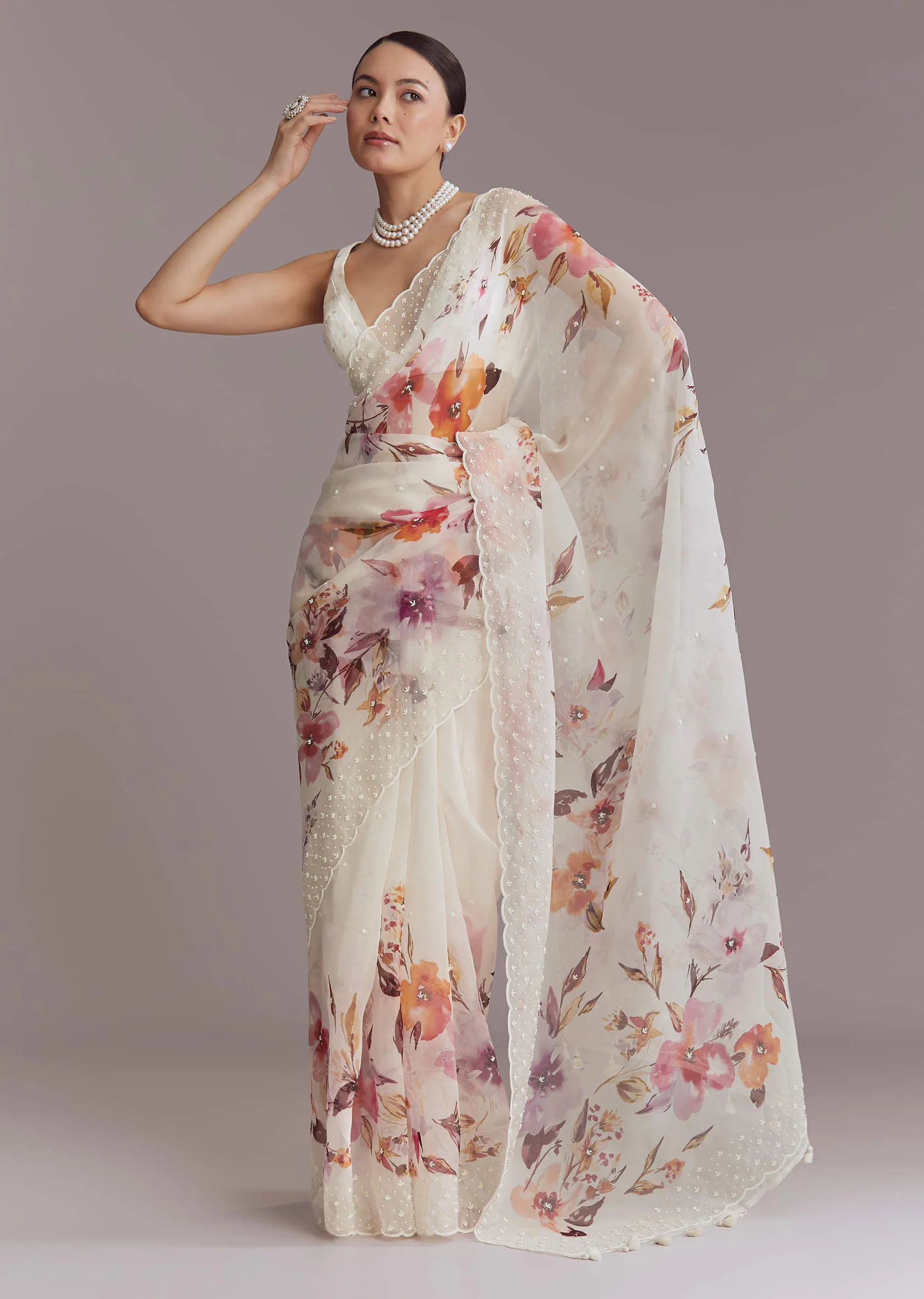 White Organza Printed Saree With Bead Embroidery - Image 10