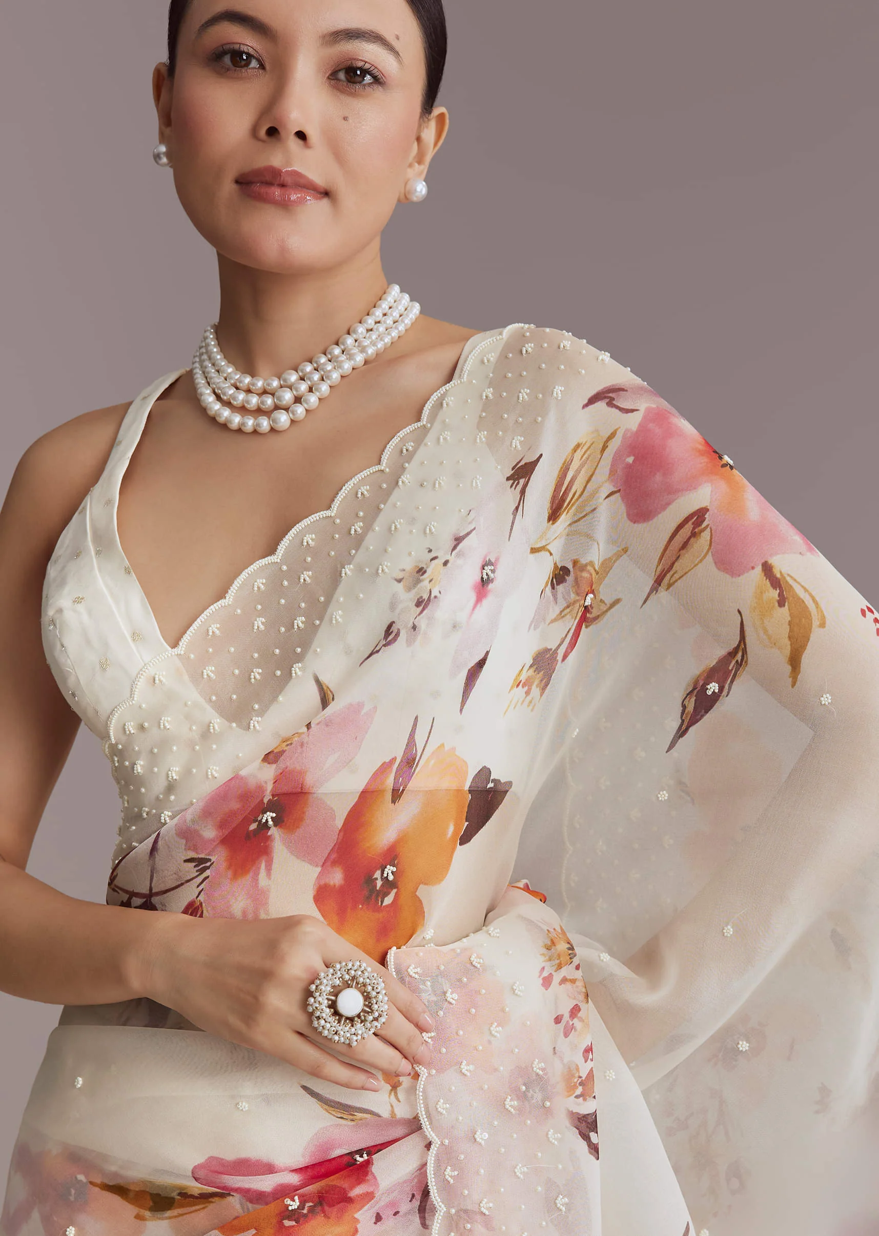 White Organza Printed Saree With Bead Embroidery - Image 2