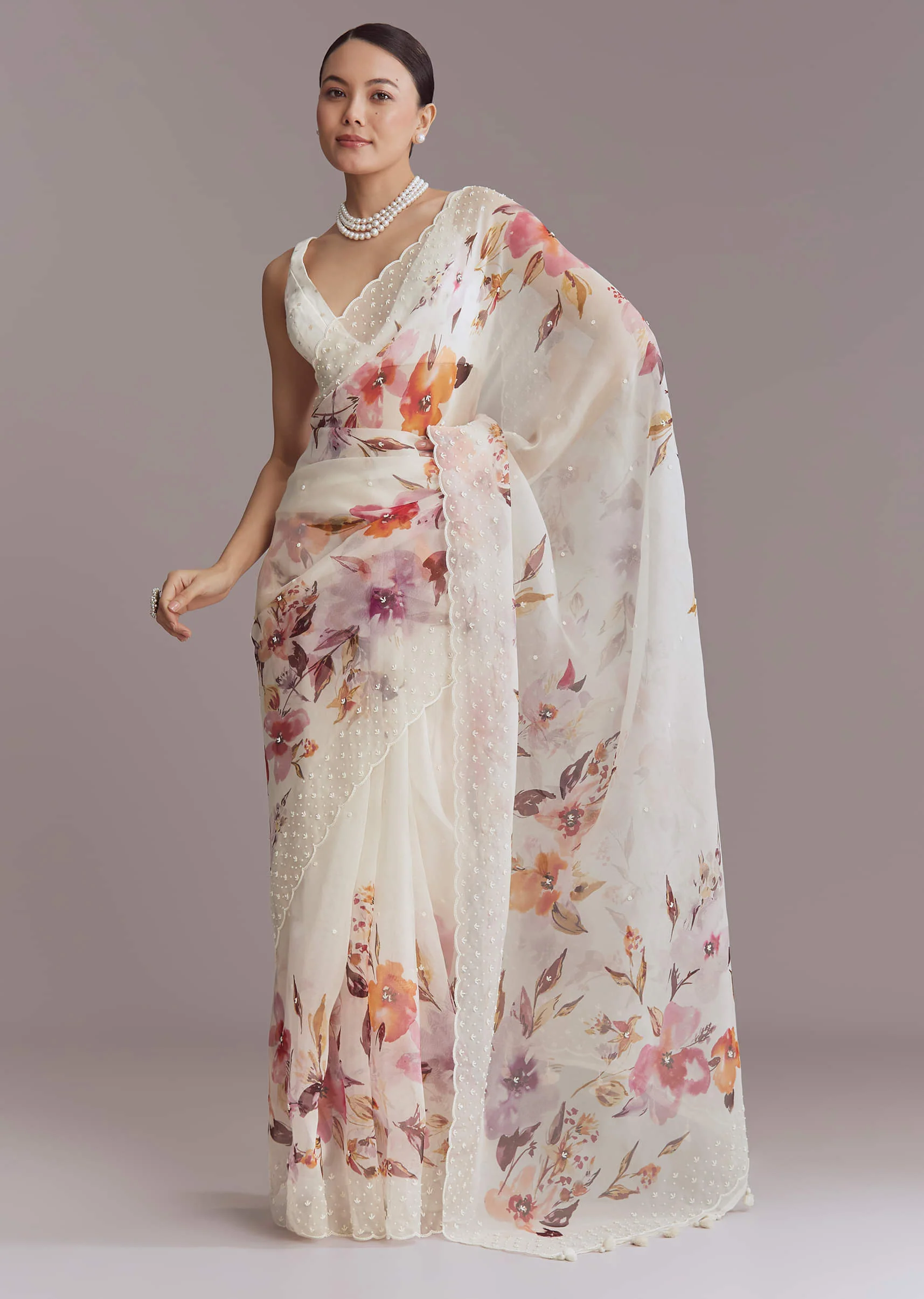 White Organza Printed Saree With Bead Embroidery - Image 3