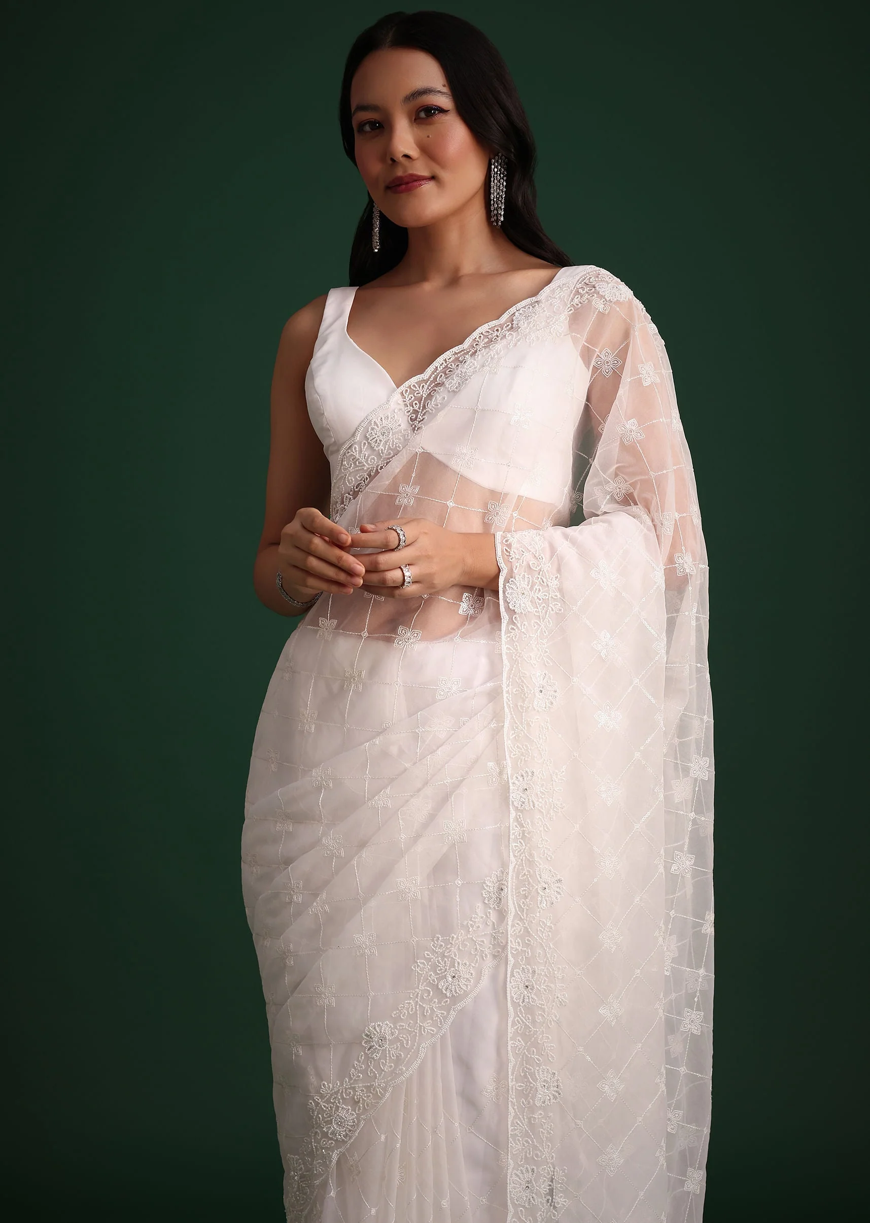 White Organza Saree With Cutdana And Sequin Embroidery