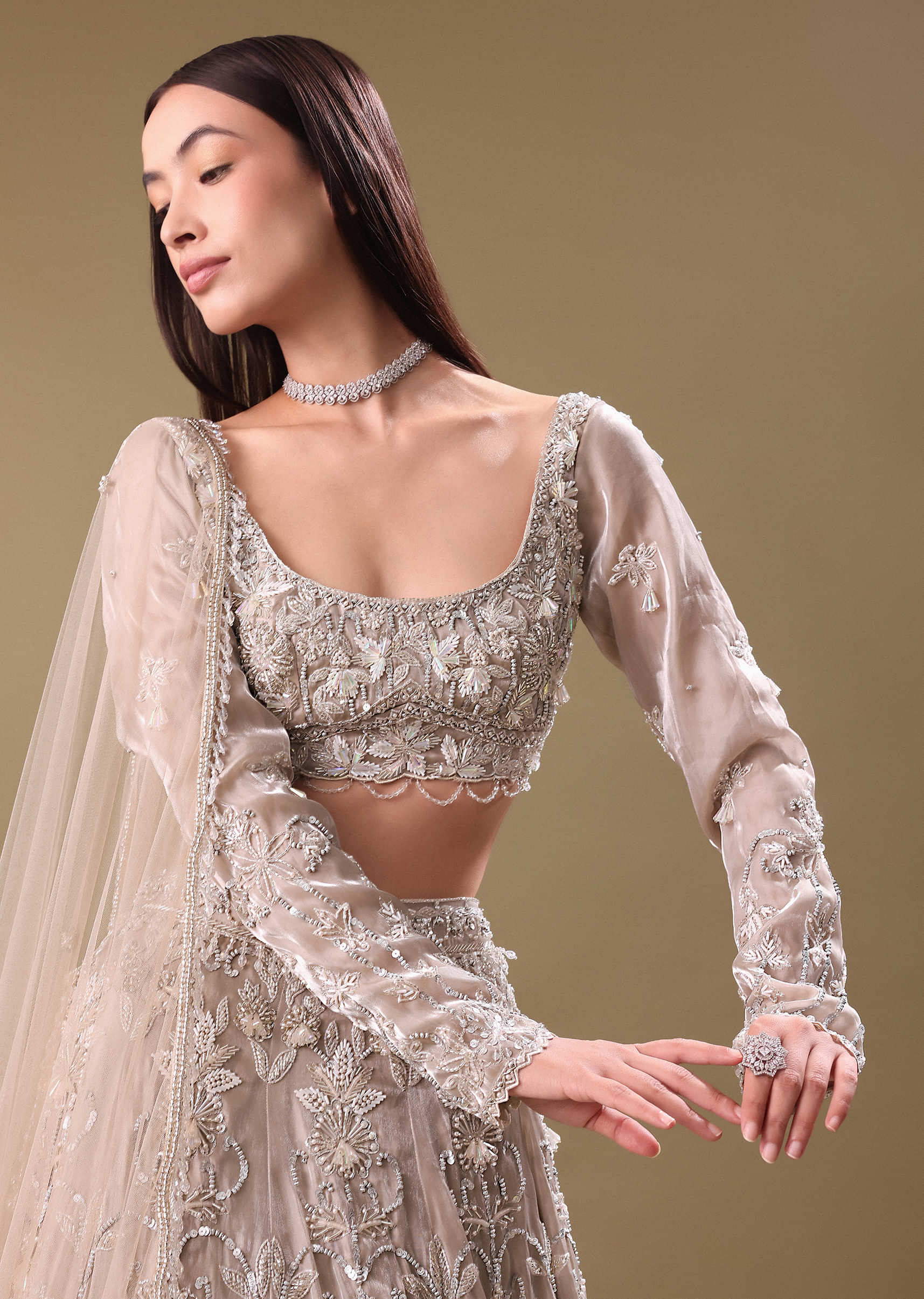 White Oyester Hand Embroidered Lehenga And Blouse Set - Image 5