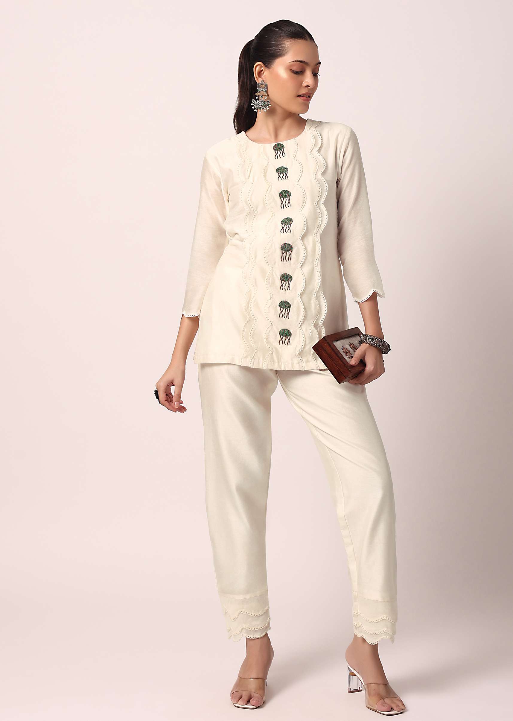 White Pant Set With Embroidered Kurta - Image 2