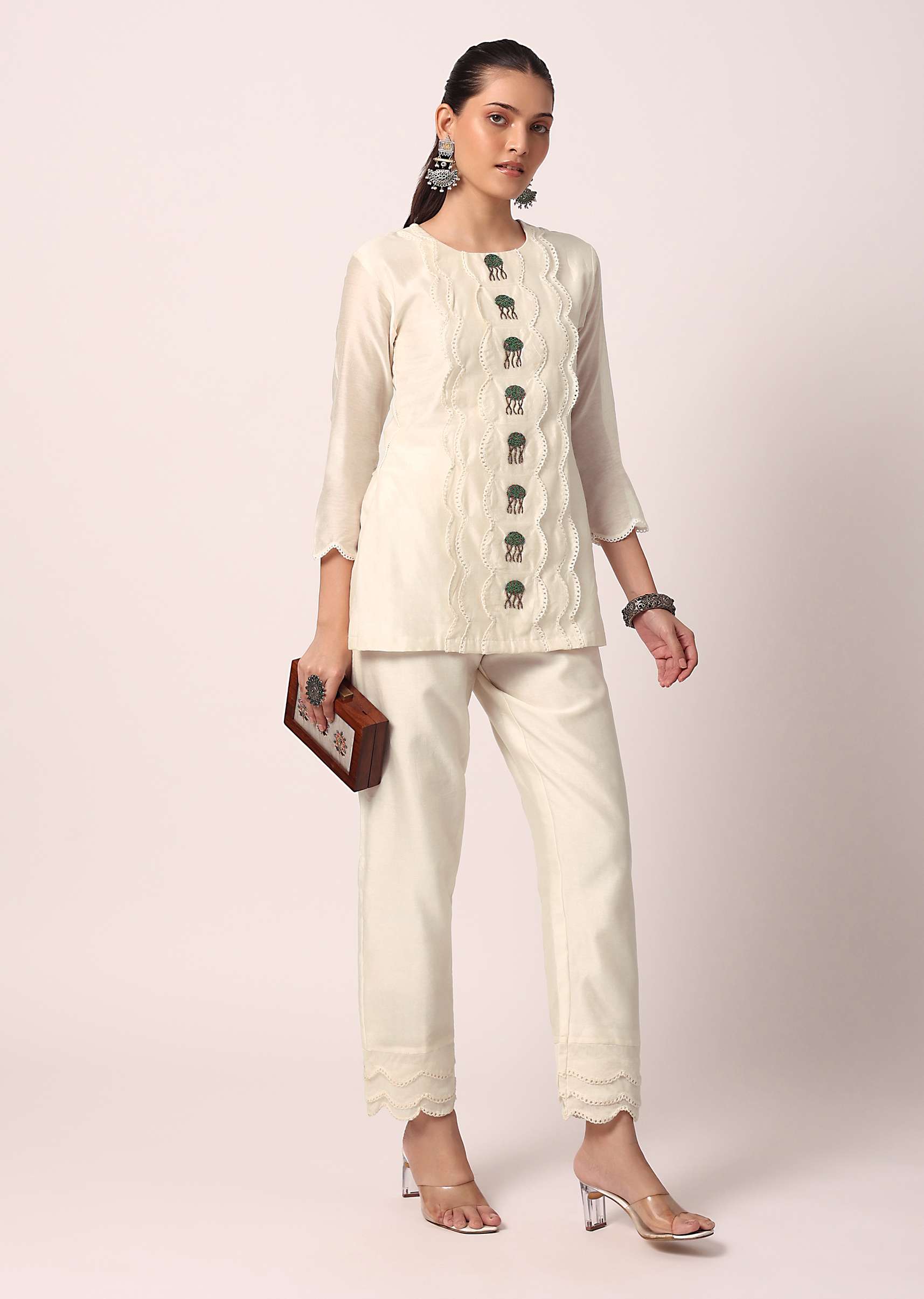 White Pant Set With Embroidered Kurta - Image 4
