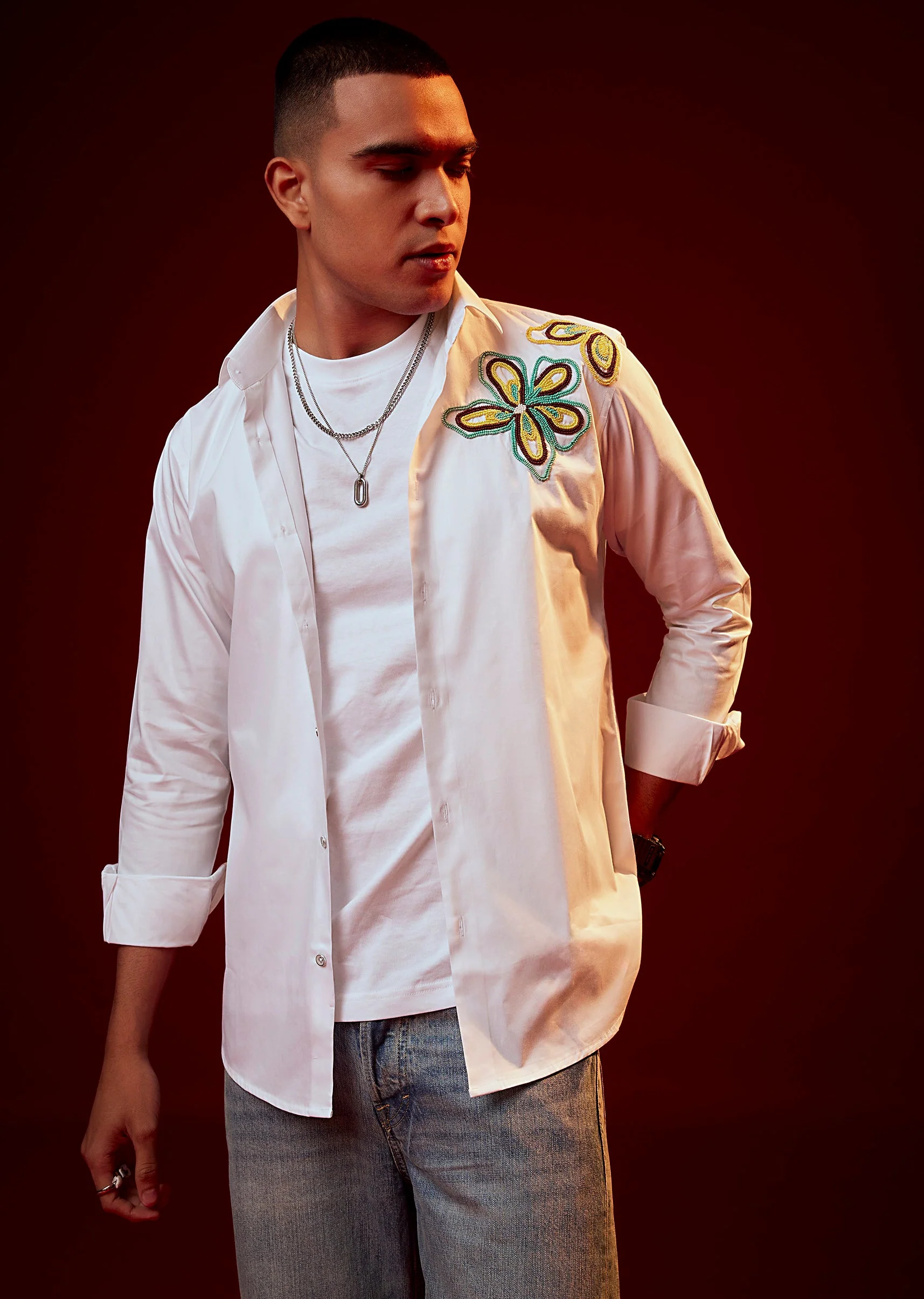 White Patch Work Embellished Party Shirt